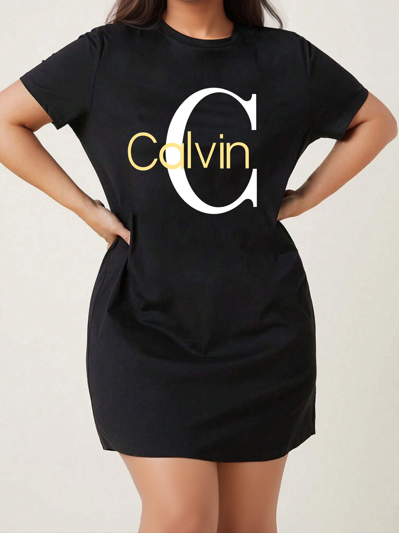 Calvin Women's Stretchy Breathable Polyester T-Shirt Dress - Slim Fit Knee-Length Round Neck Casual Summer Dress with Bold Yellow Lettering, Machine Washable Spring/Summer Outfit