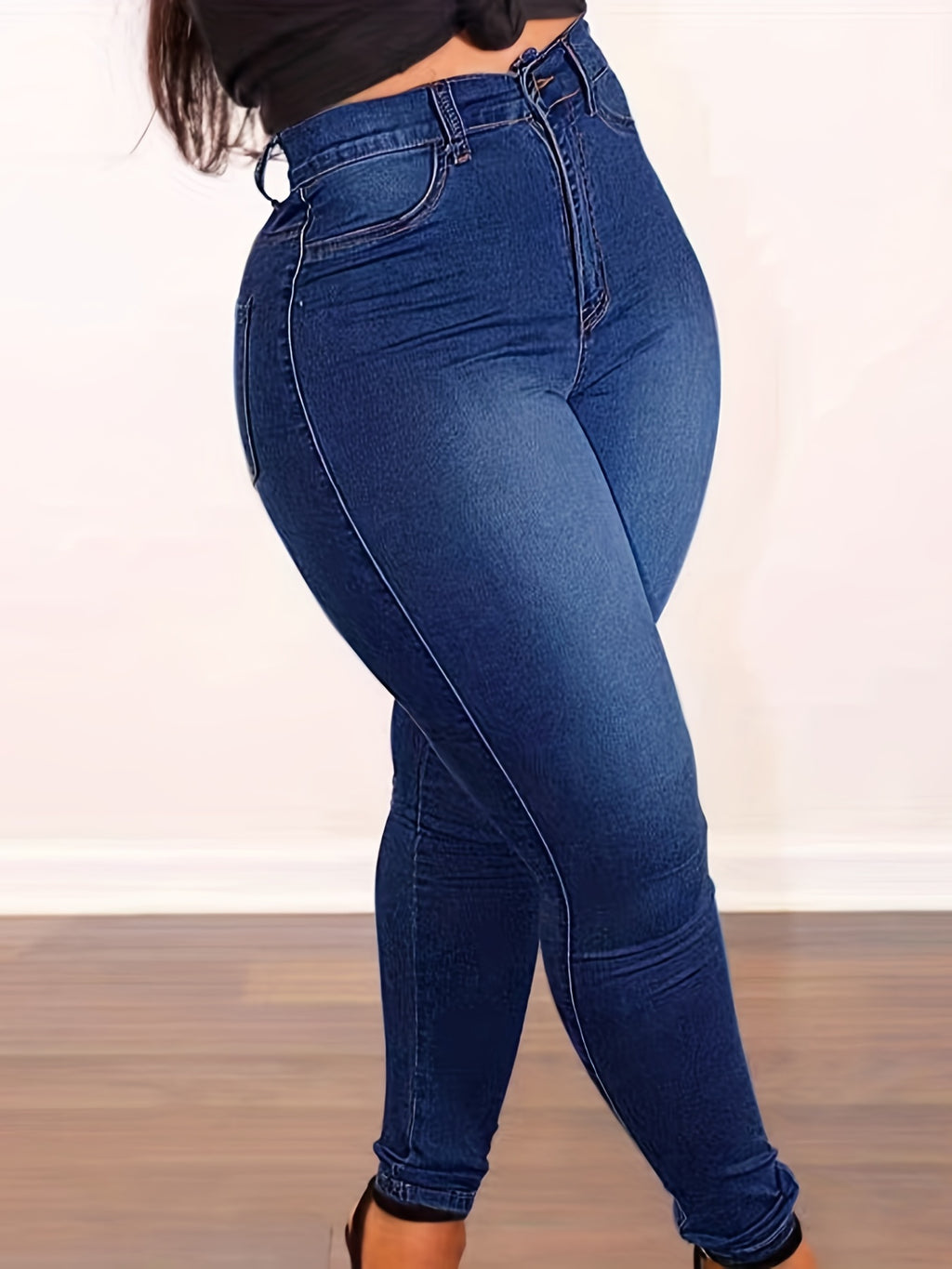 Women's High-Waisted Stretch Jeans - Non-See-Through Stretch Denim Pants with Button Closure