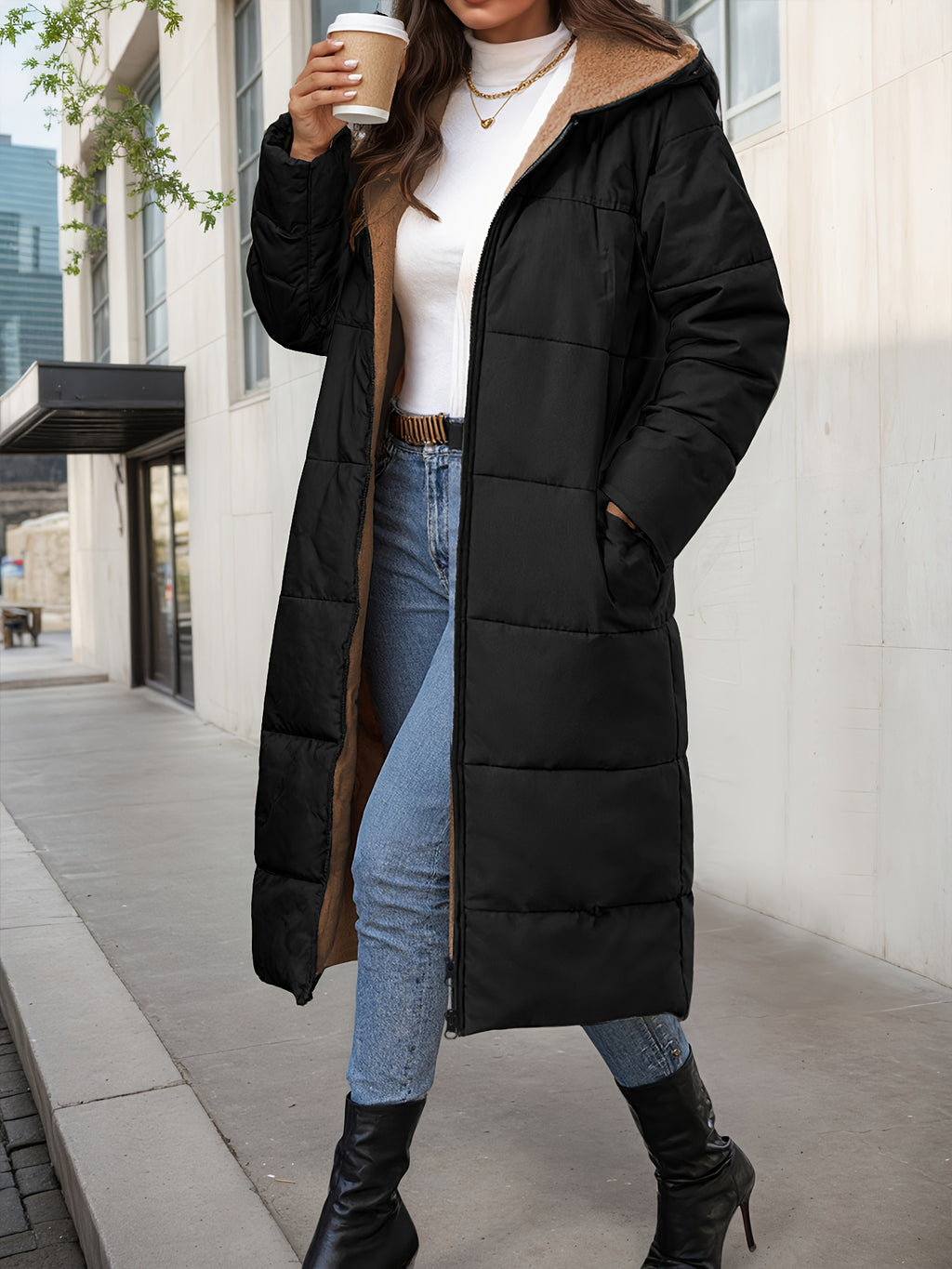 Women's Elegant Plush-Like Quilted Hooded Coat - Long Winter Jacket with Hood