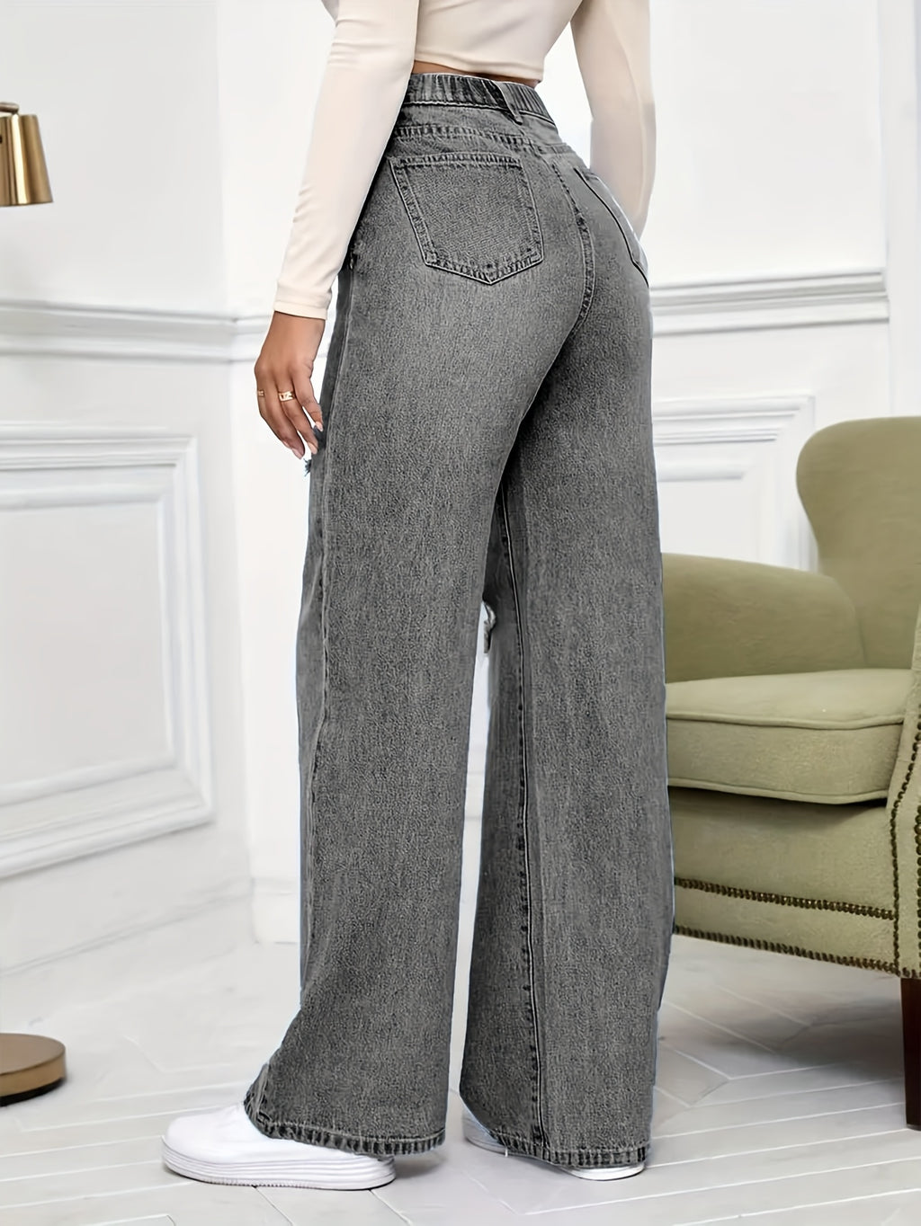 Women's Plus Size High-Waisted Stretch Pants with Distressed Knee Rips