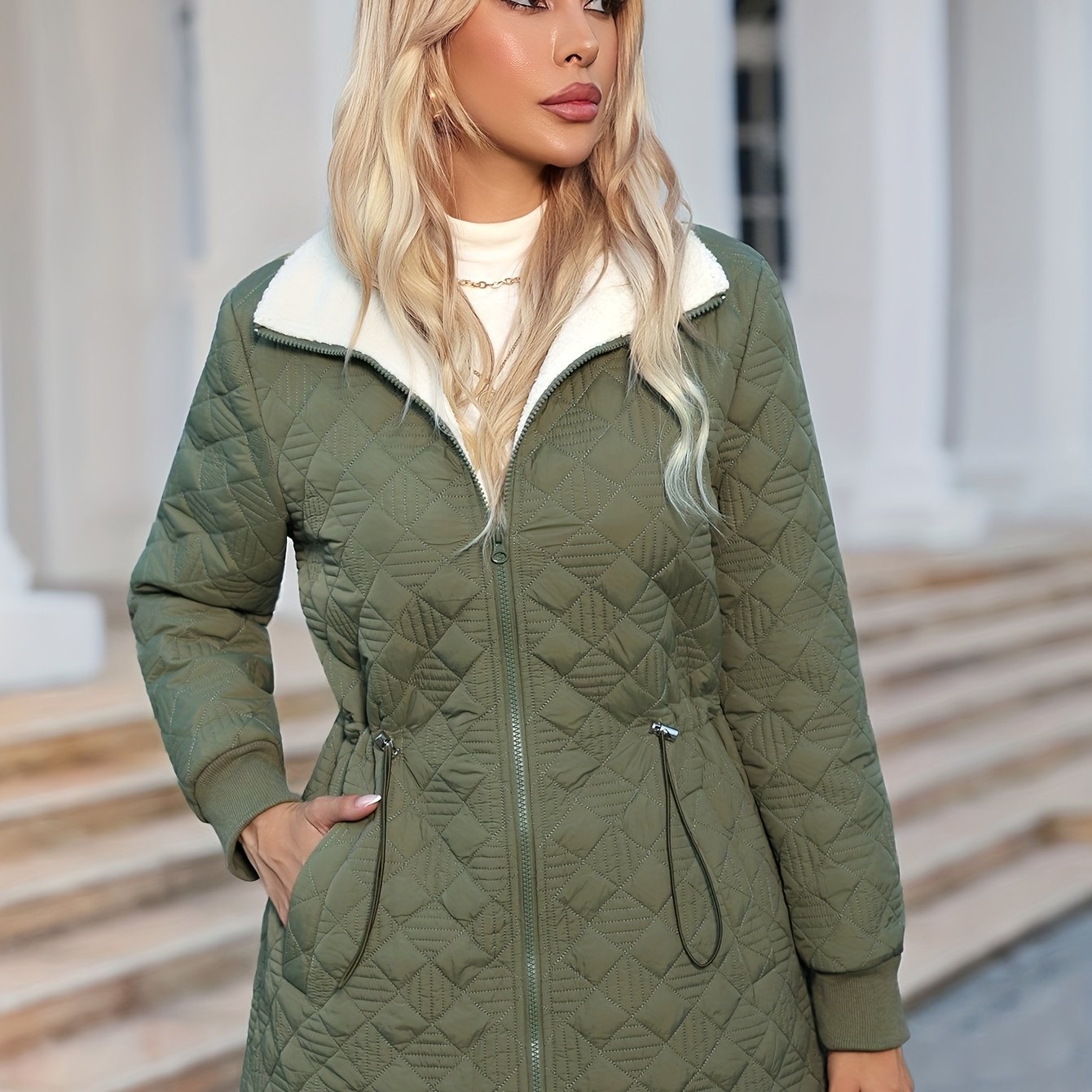 Women's Elegant Winter Jacket - Long Sleeve Zip-Up Coat with Full-Zip Front Closure, Non-Stretch Fabric