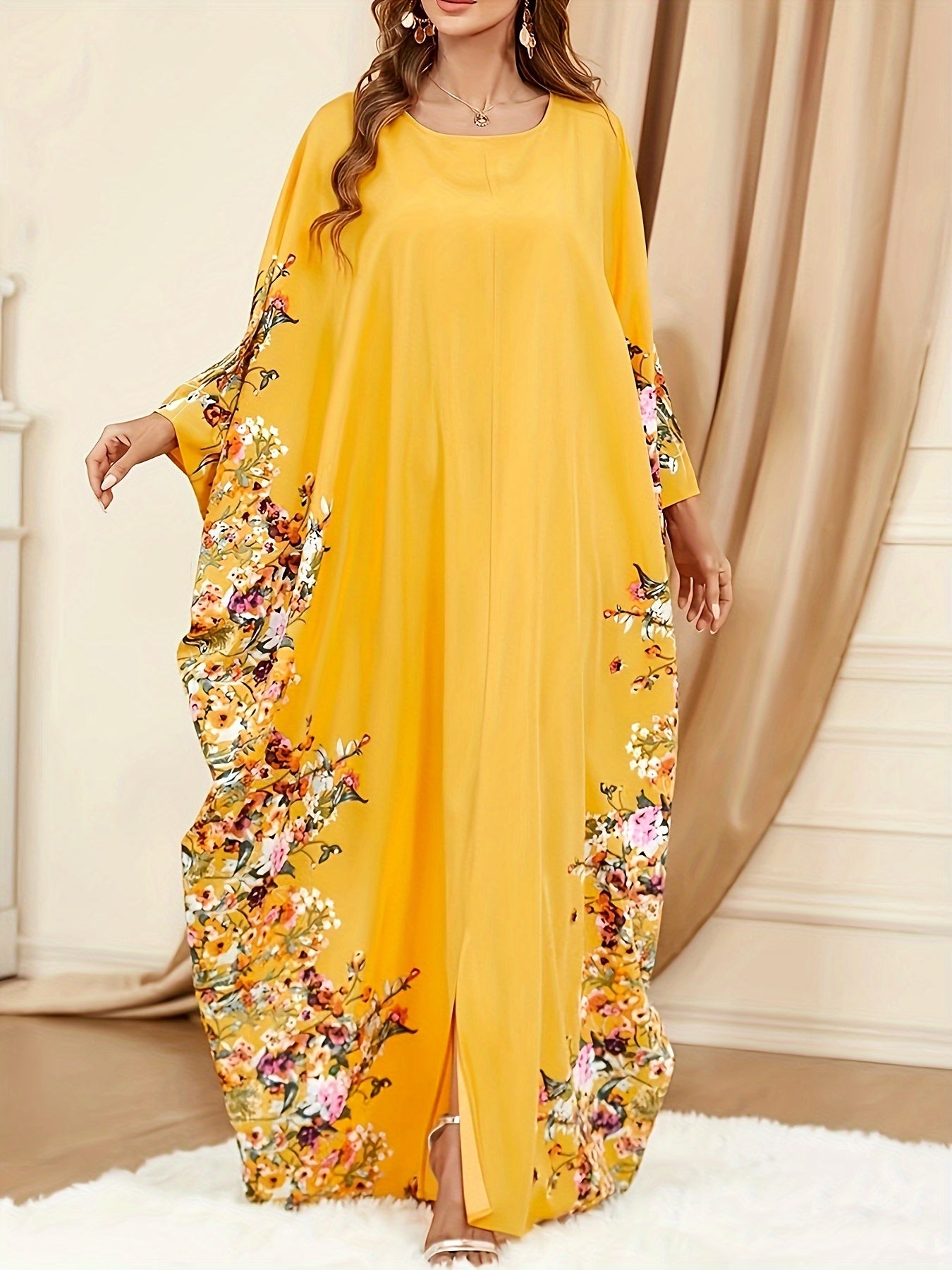 Floral Print Polyester Women's Elegant Batwing Sleeve Kaftan Dress