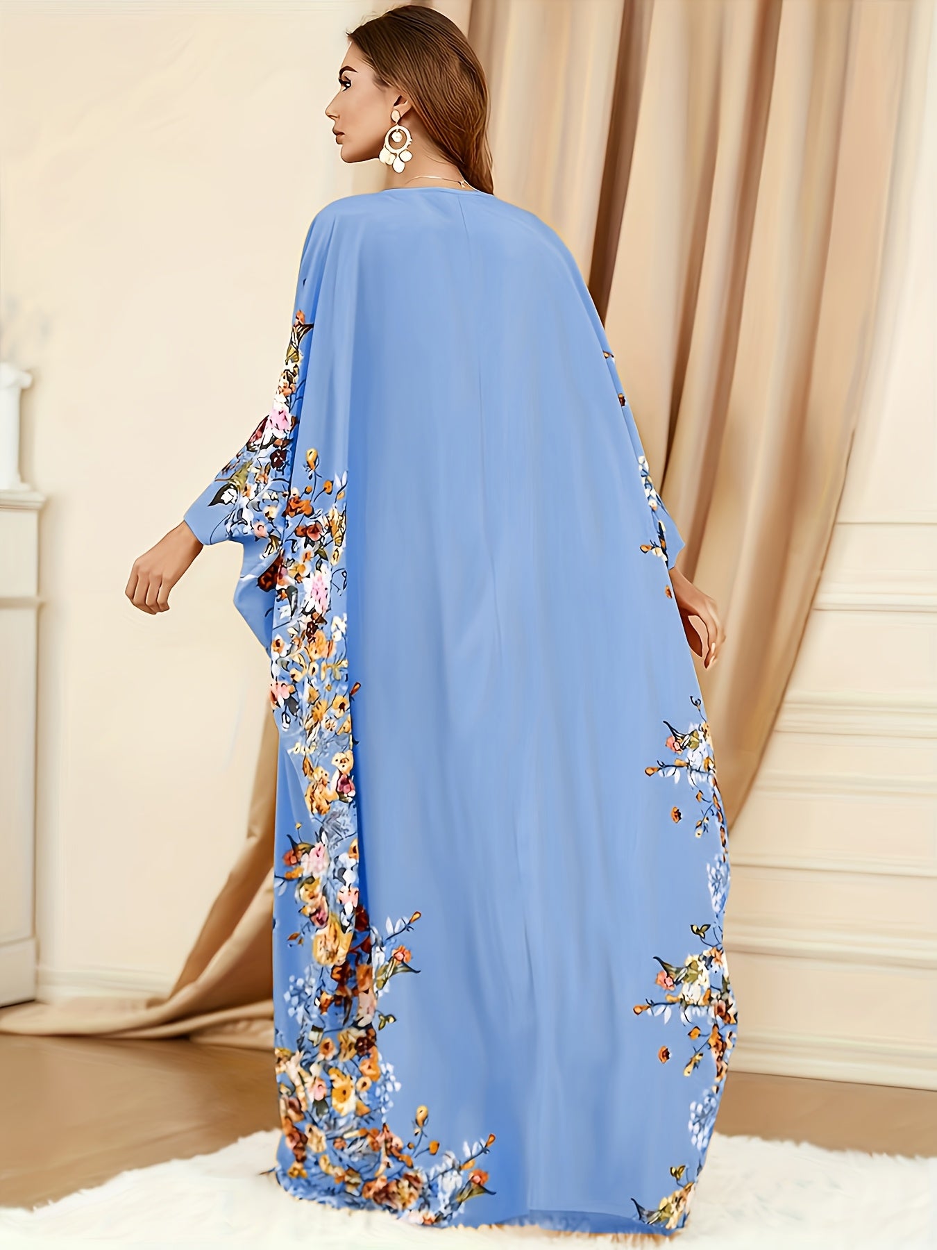 Floral Print Polyester Women's Elegant Batwing Sleeve Kaftan Dress