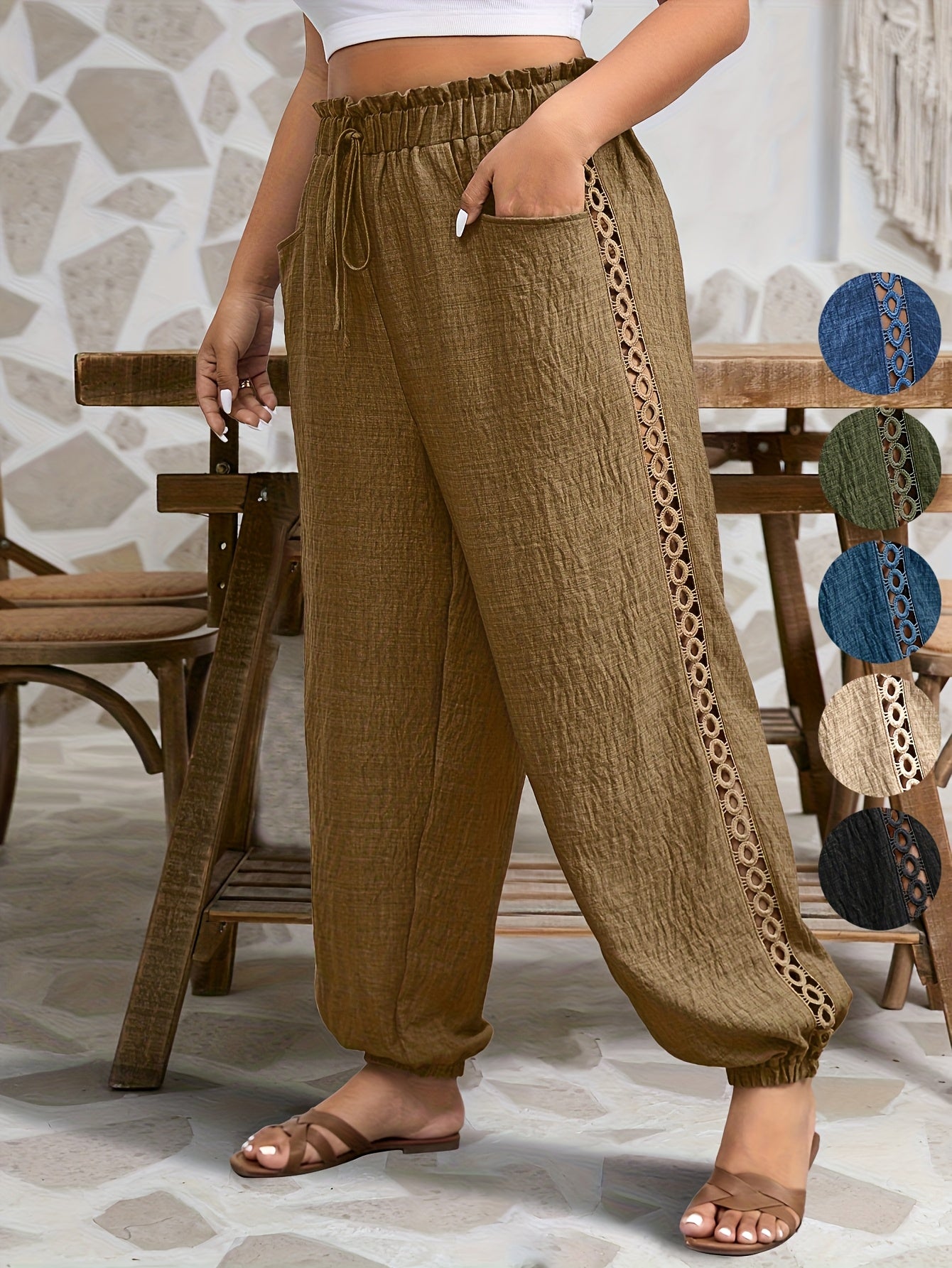 Women's Plus Size Casual Tapered Pants with Ruffle Detail