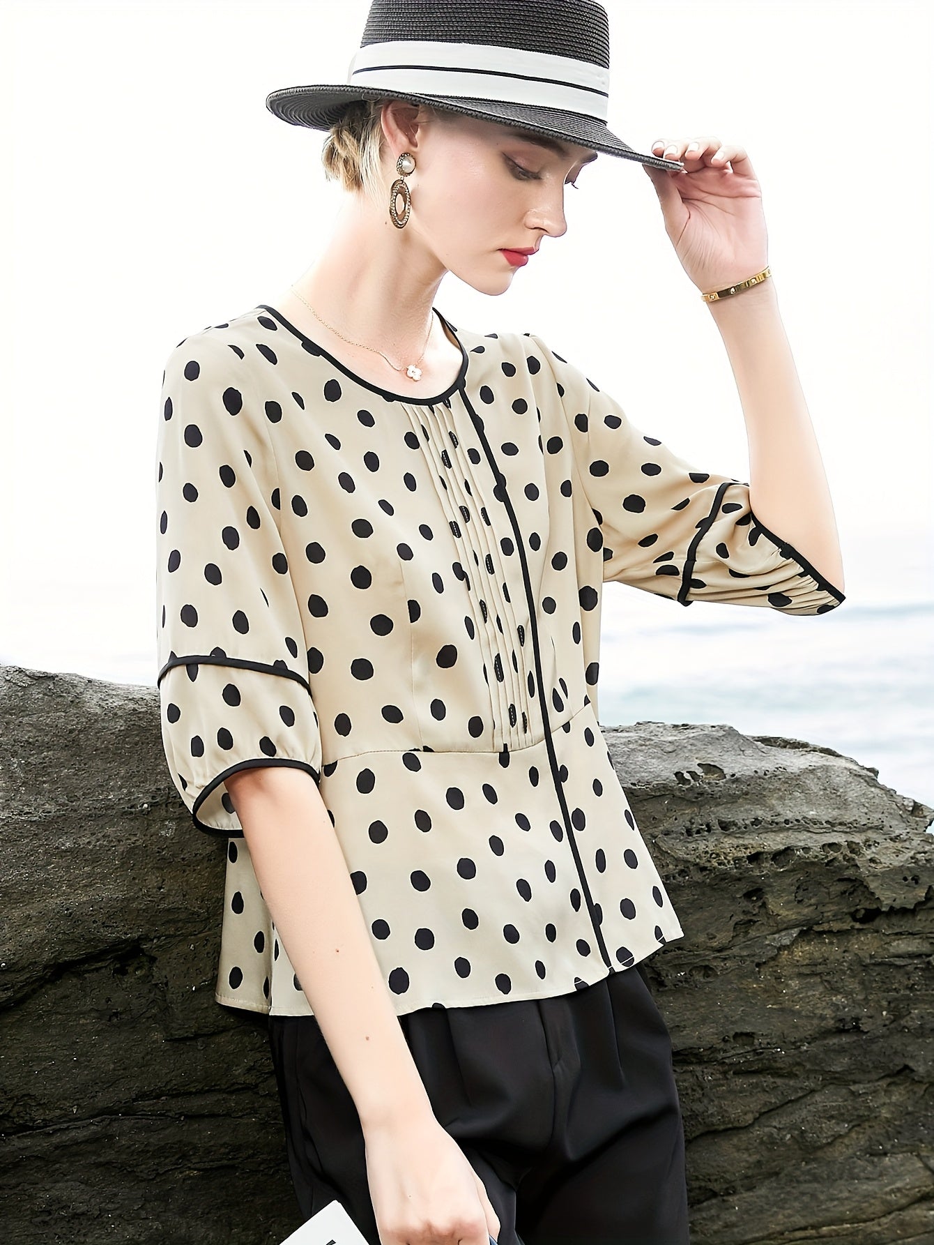 Women's Short Sleeve Blouse - Chic Polka Dot Asymmetrical Hem Round Neck Top