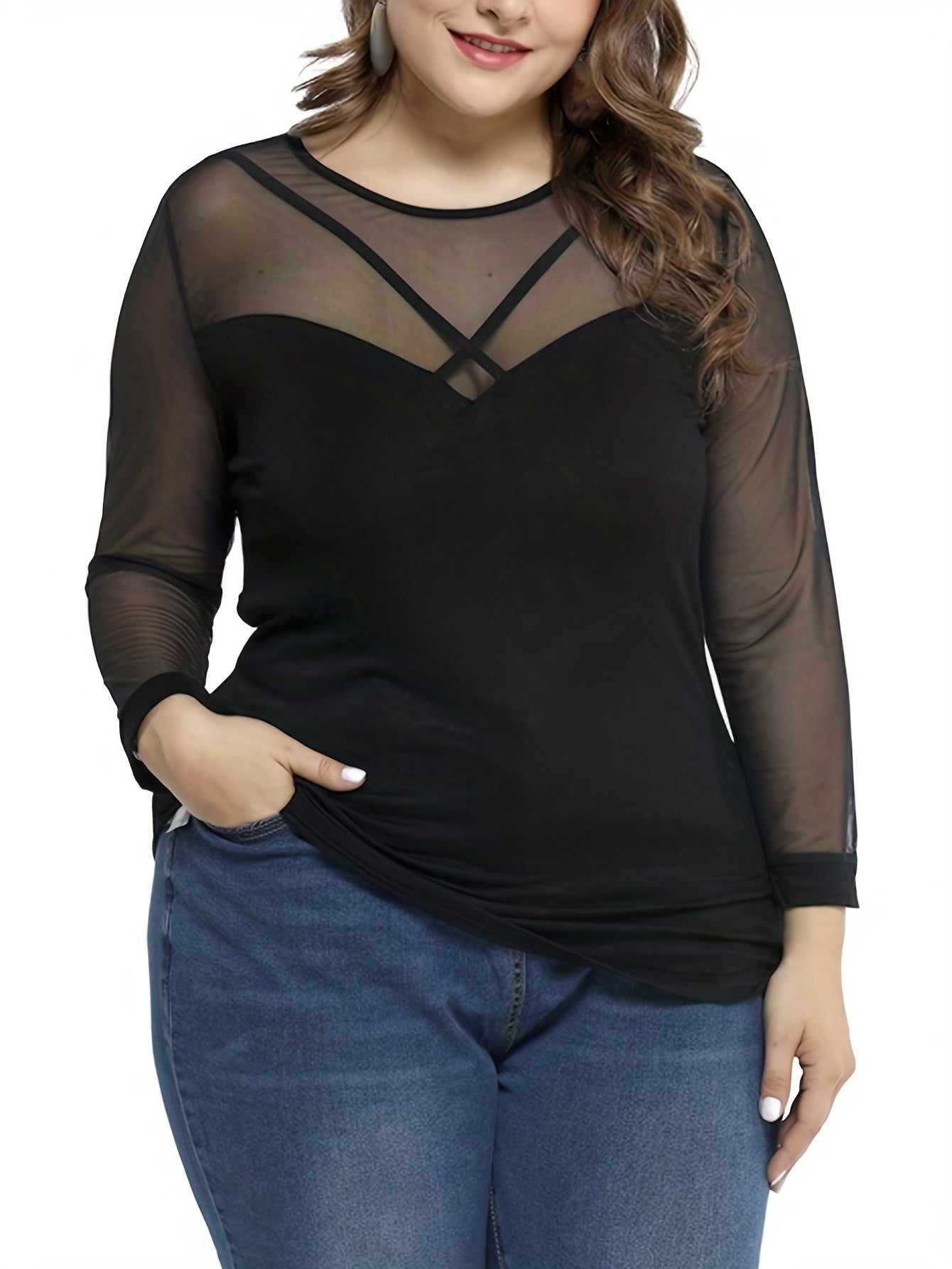 Women's Elegant Mesh Panel Long Sleeve Blouse