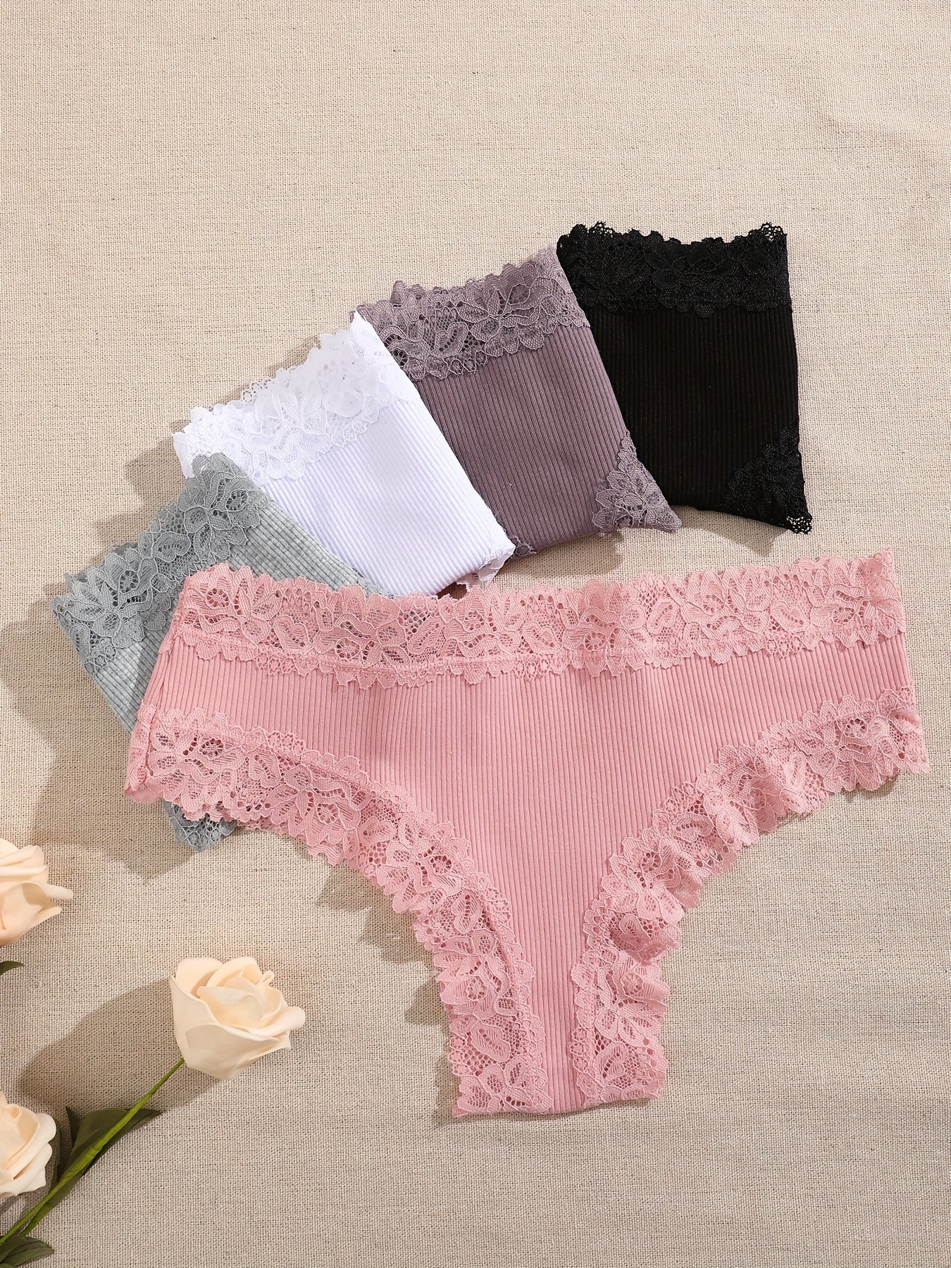 5pcs Solid Lace Trim Briefs, Comfy & Breathable Intimate Panties, Women's Lingerie & Underwear