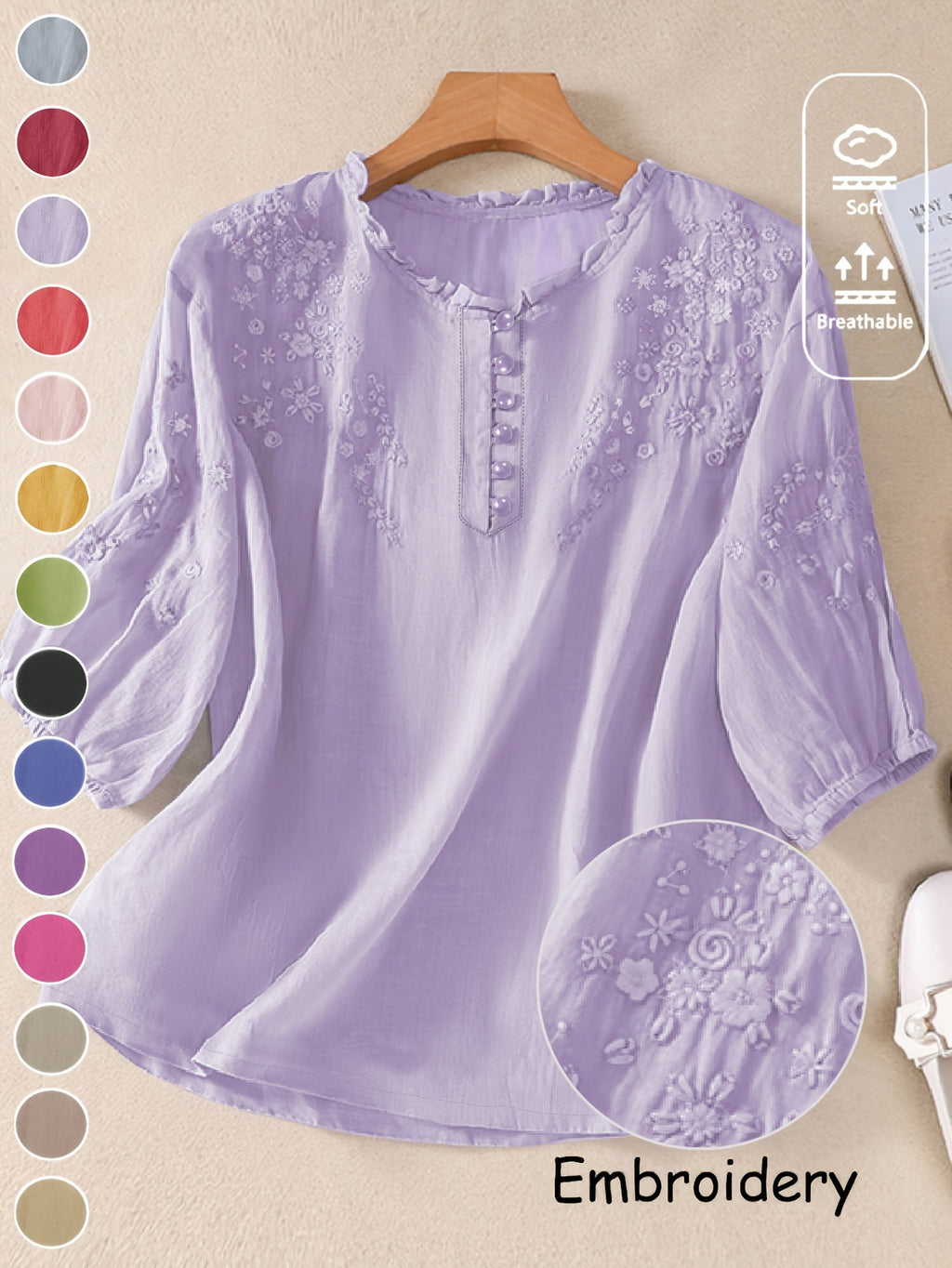 Women's Spring/Summer Embroidered Loose Fit Retro Mid-Sleeve Blouse