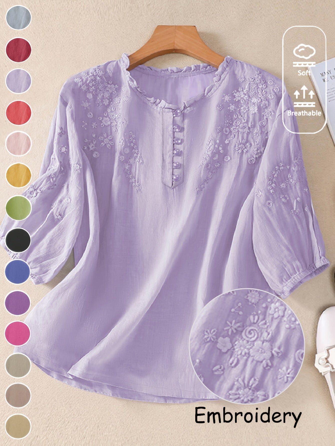 Women's Spring/Summer Embroidered Loose Fit Retro Mid-Sleeve Blouse