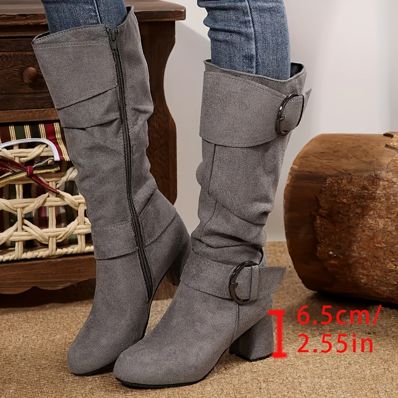 Women's Knee-High Boots - Mid Heel Platform with Zipper Closure