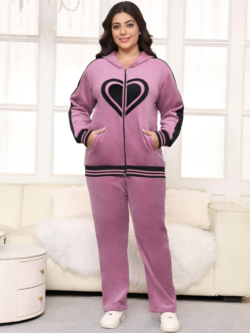 2pcs Women's Plus-Size Thickened Flannel Hooded Pajama Set
