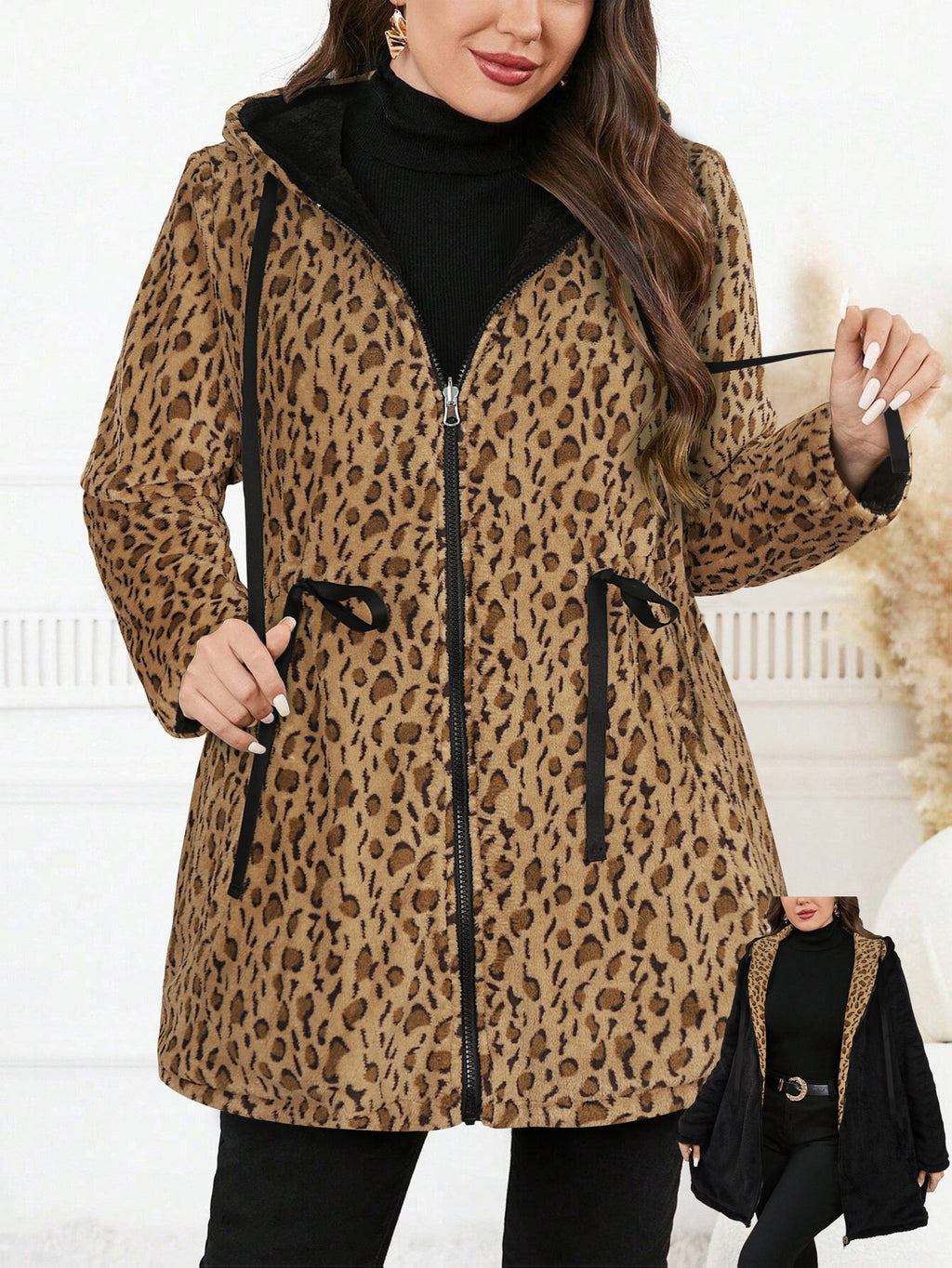 Plus Size Oversized Reversible Leopard Print Fleece Hoodie for Women