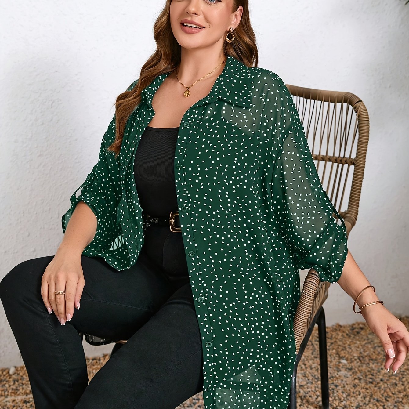 Chic Plus Size Polka Dot Blouse with Cuffed Long Sleeves