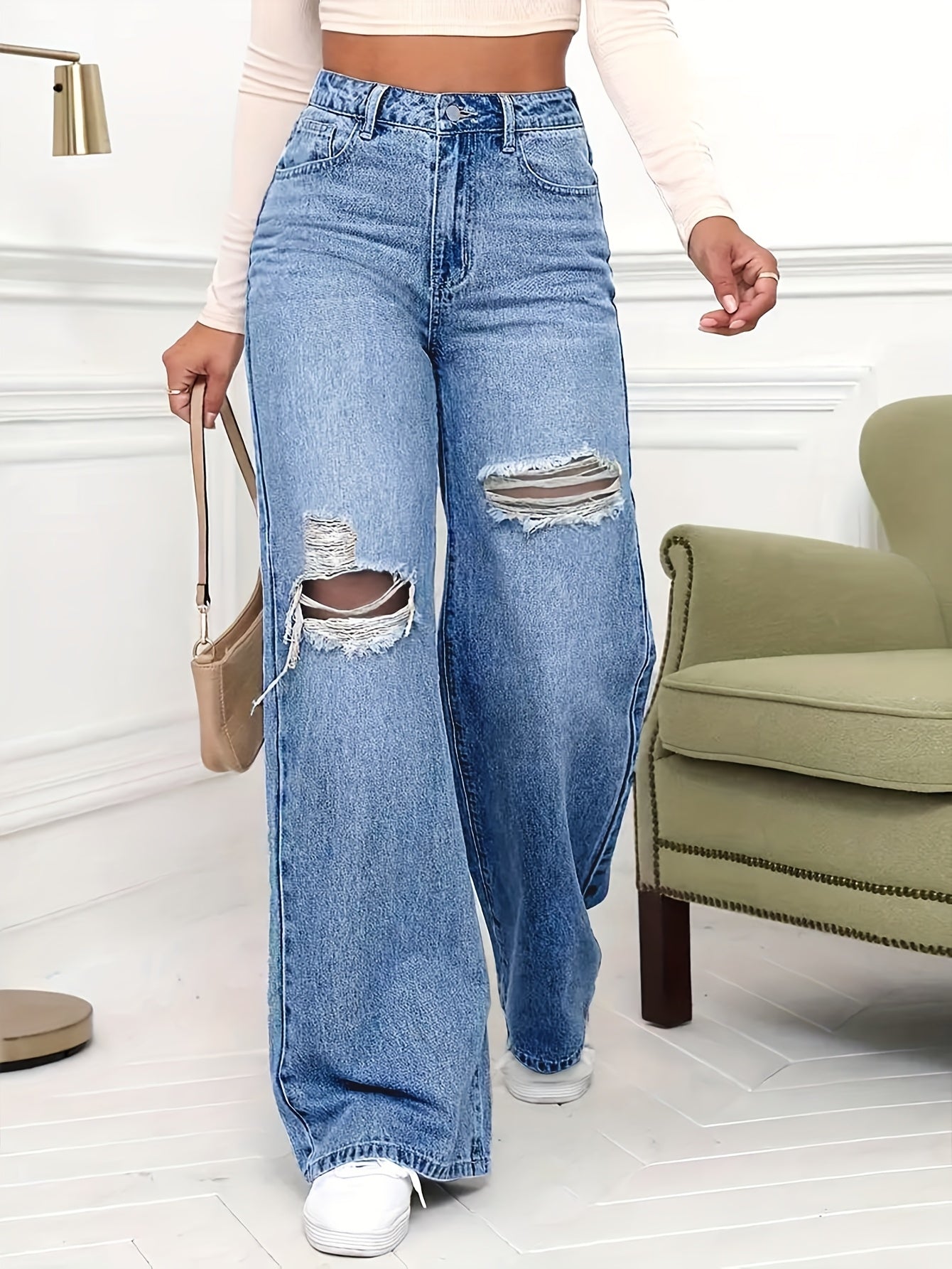 Women's Plus Size High-Waisted Stretch Pants with Distressed Knee Rips