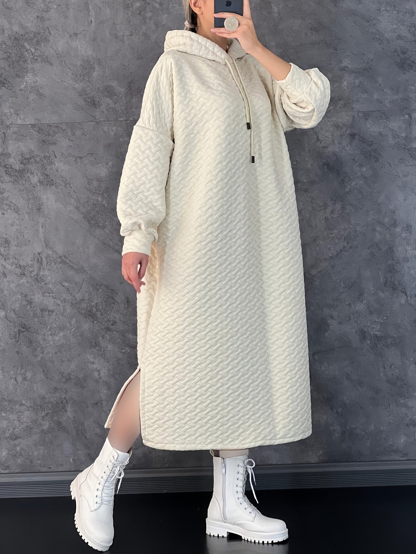 Women's Casual Hooded Long Sleeve Dress with Pockets - Solid Color