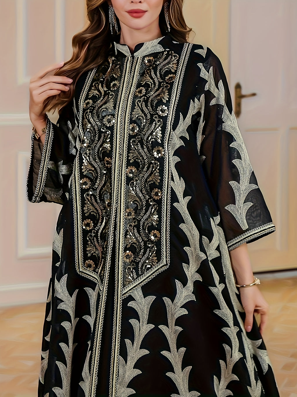 Plus Size - Elegant Embroidered Black Long Robe | Loose Comfortable Regular Fit