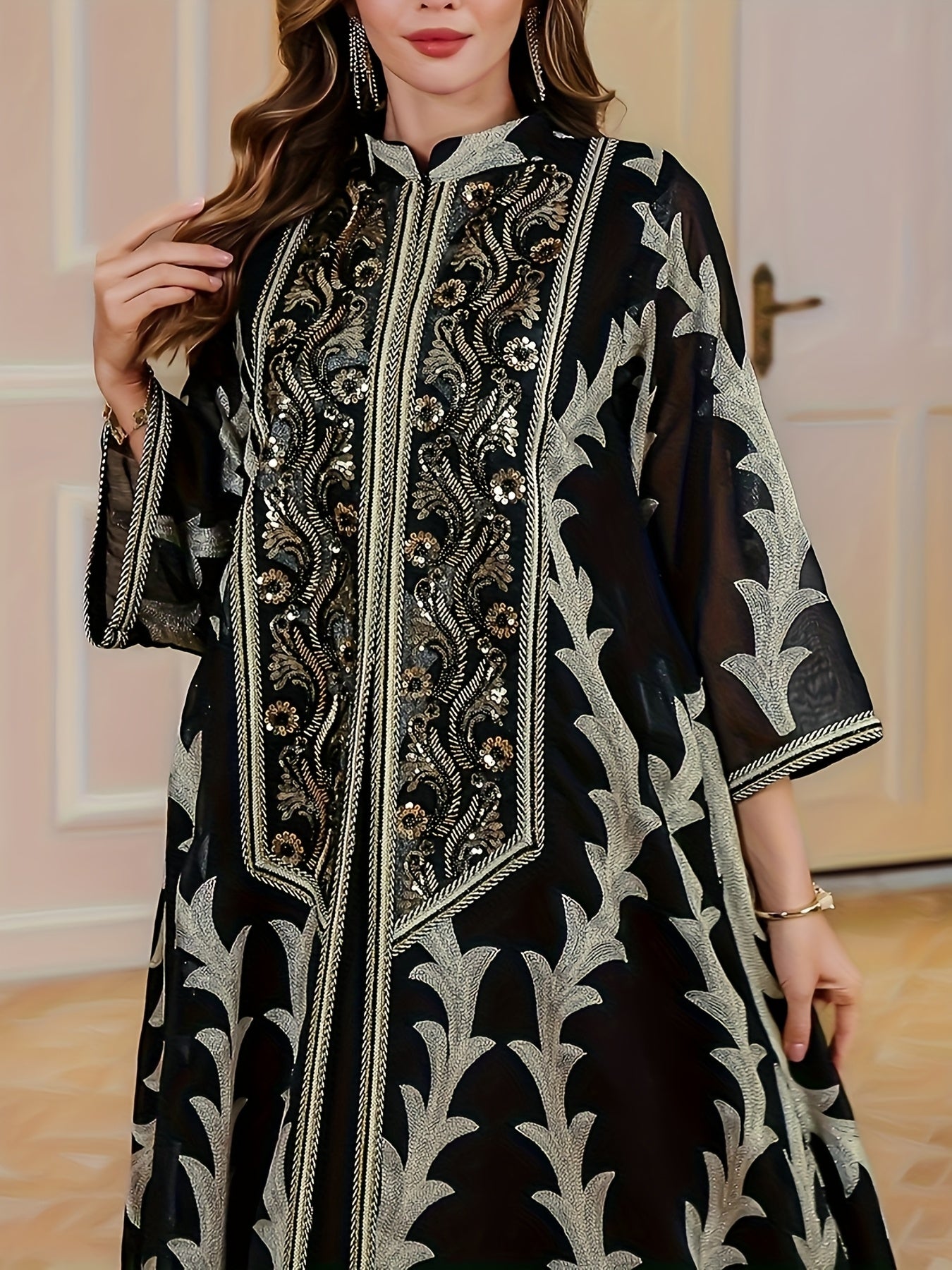 Plus Size - Elegant Embroidered Black Long Robe | Loose Comfortable Regular Fit