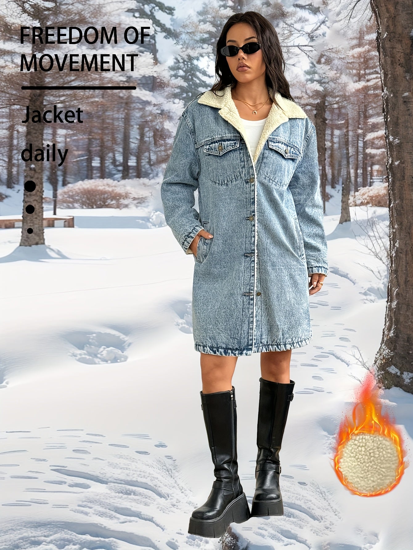 Women's Vintage Washed Heavy-Denim Oversized Coat - Long Winter Jacket with Collar & Fringe-Free Hem