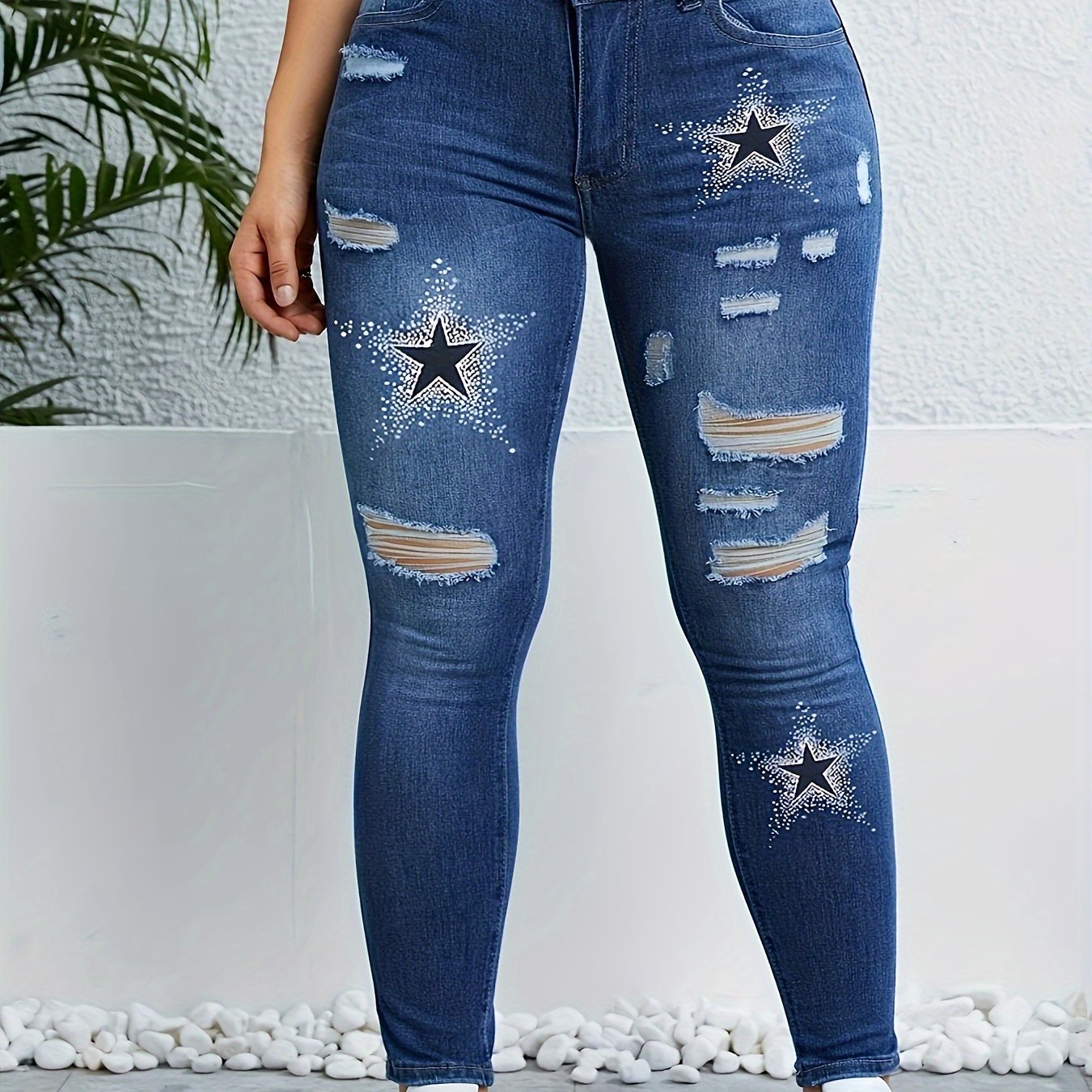 Women's High-Waist Star Print Distressed Jeans