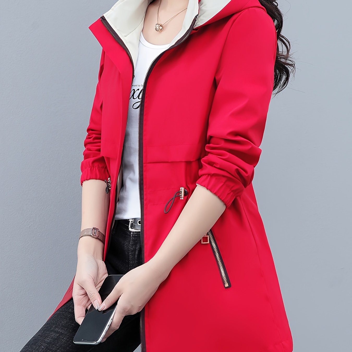 Women's Reversible Long Sleeve Windbreaker Jacket, Fit, Detachable Hood & Zipper Closure