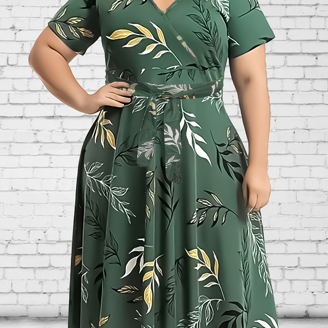 Plus Size Elegant Leaf Print Midi Dress, Short Sleeve