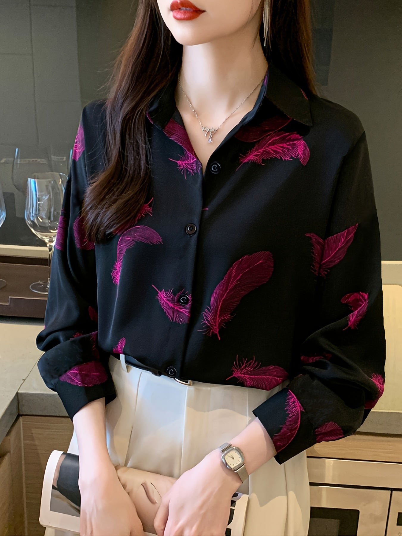 Women's Vintage Print Long Sleeve Polo Shirt, Spring/Fall Casual Loose Fit Lapel Collar Blouse