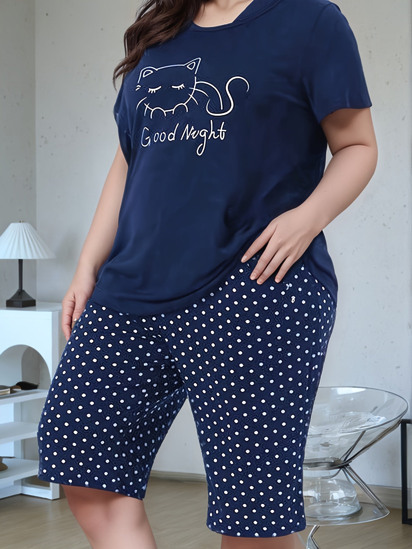 Summer Plus Size Women'S Casual Fashion Pajamas, Kitten Print, Comfortable Short Sleeve Shorts Set
