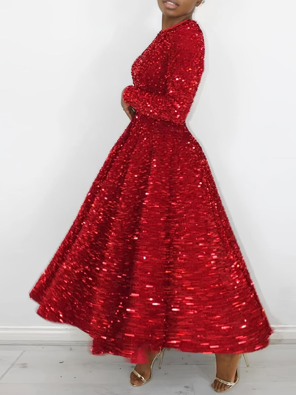 Women's Red Long Dress with a Round Neck, Perfect for Christmas Parties And New Year Celebrations