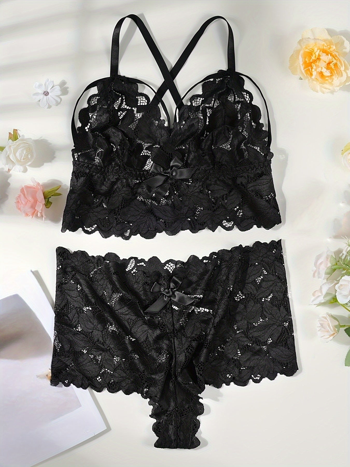 [1 Set Plus Size Underwear] 1 Set Plus Size Semi-Sheer Breathable Women's Fashion Floral Print Lace-Up Cross Strap Bow Decorated Underwear Bra & Panties Set