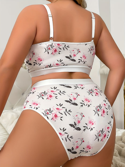 Elegant Floral Pattern Plus Size Lingerie Set - Medium Stretch Knit 95% Polyester 5% Elastane - Mid-Rise Briefs, Medium Support, Contrast Sequin Detail, No Padding, Adult Lingerie Collection
