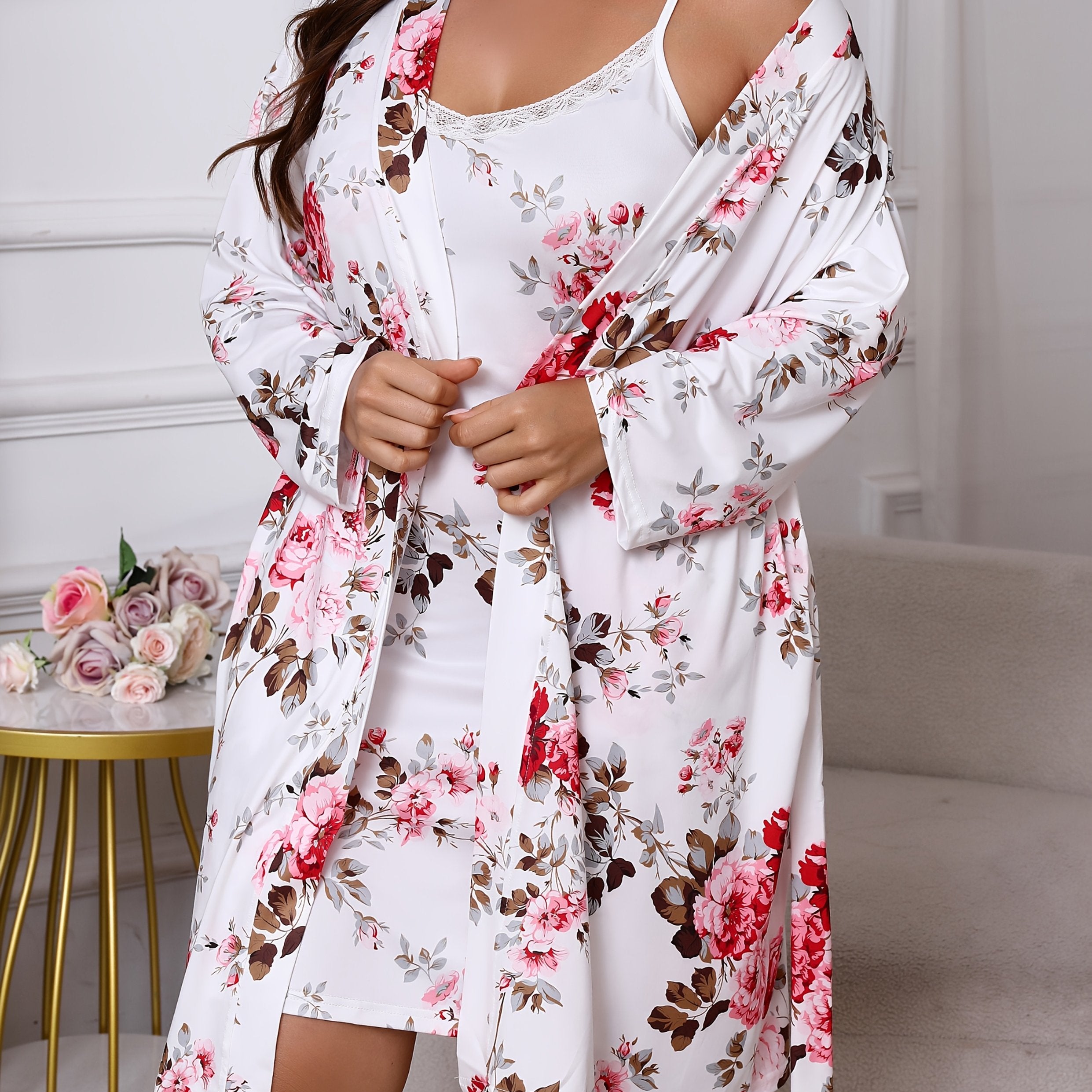 Plus Size Floral Print Sexy Lace Trim Camisole Nightgown with a Matching Tie Robe, a Two-Piece Sleepwear Set.