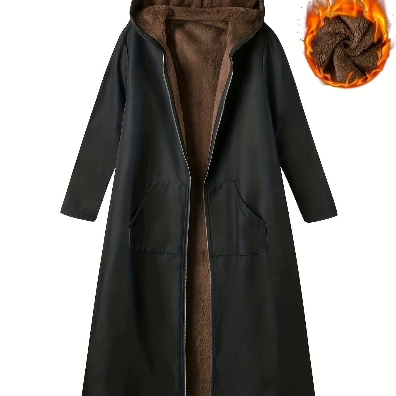 Women's Elegant Plush Fleece-Lined Hooded Long Coat - Winter Warmth Full-Length Outerwear with Full-Zip Closure