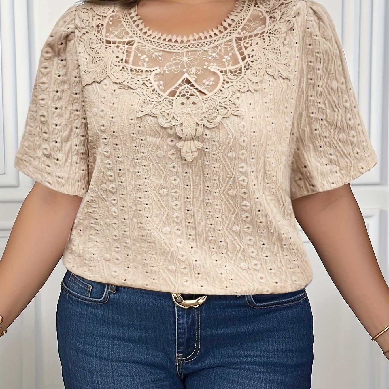 French-Inspired Floral Embroidery Lace Trim Short Sleeve Blouse