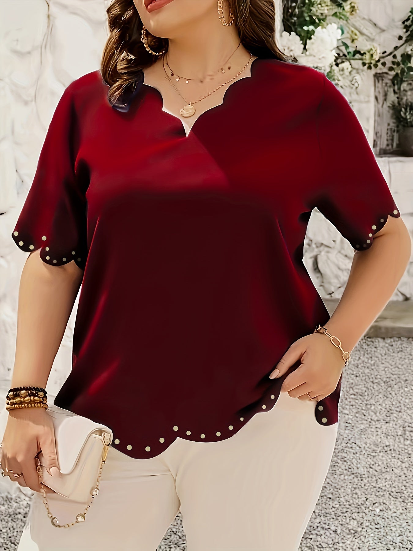 Elegant Burgundy V-Neck Blouse with Cut-Out Floral Embellishments