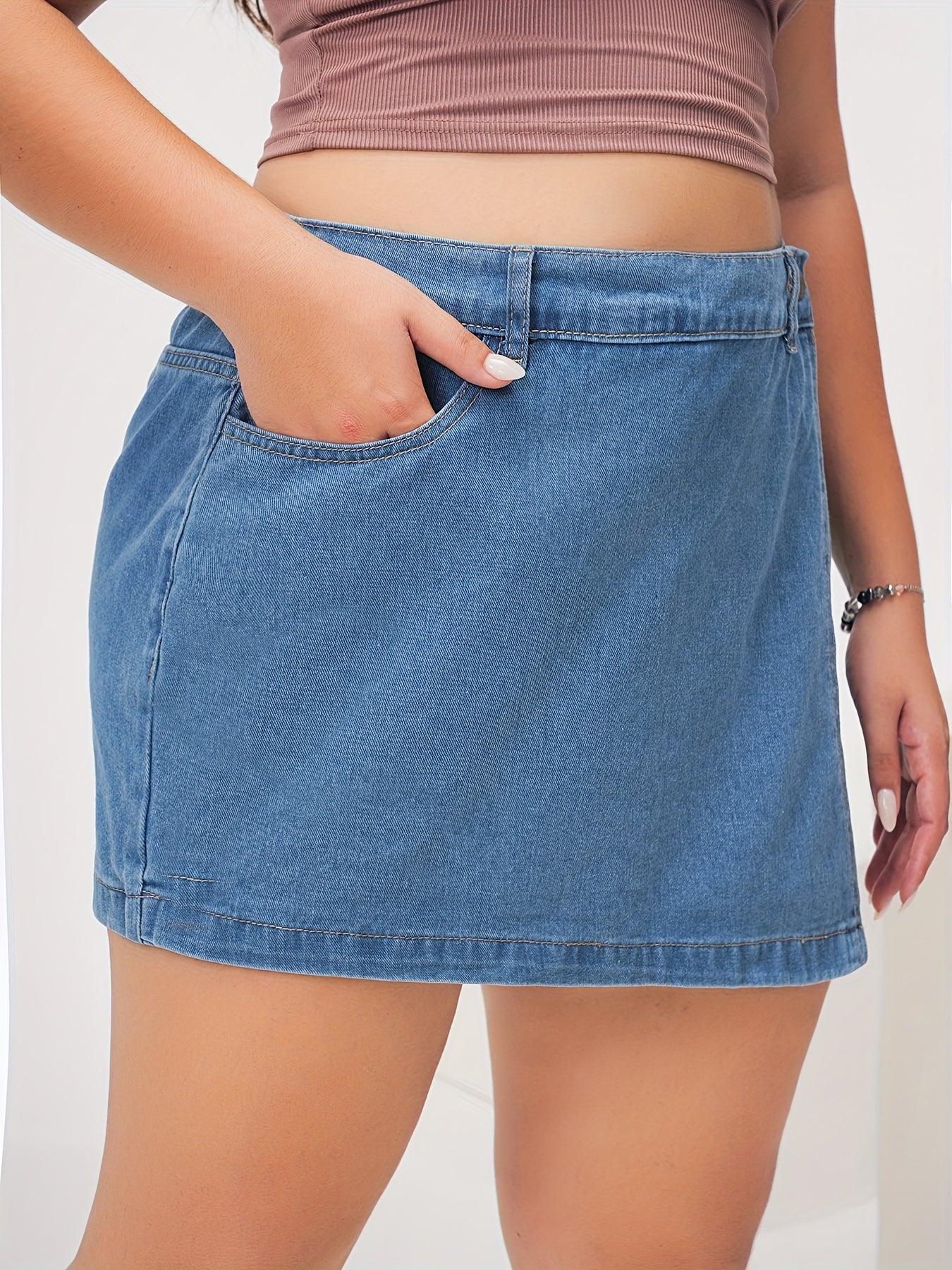 Women's Light Blue Denim Skort - Casual Style with Flap Pockets, Non-Stretch Fabric, Machine Washable, Perfect for Spring/Summer