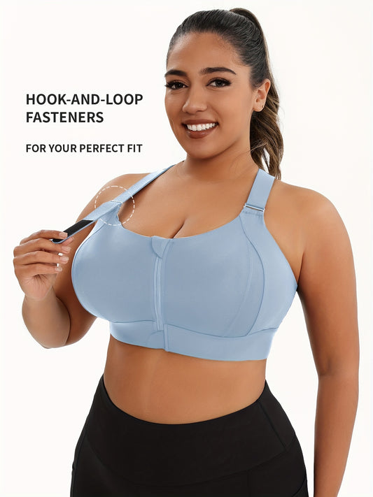 [Plus Size Sports Bra] High-Elasticity Plus Size Sports Bra | Women's Blue Bra with Zipper, Non-Removable Padding, Adjustable Shoulder Straps