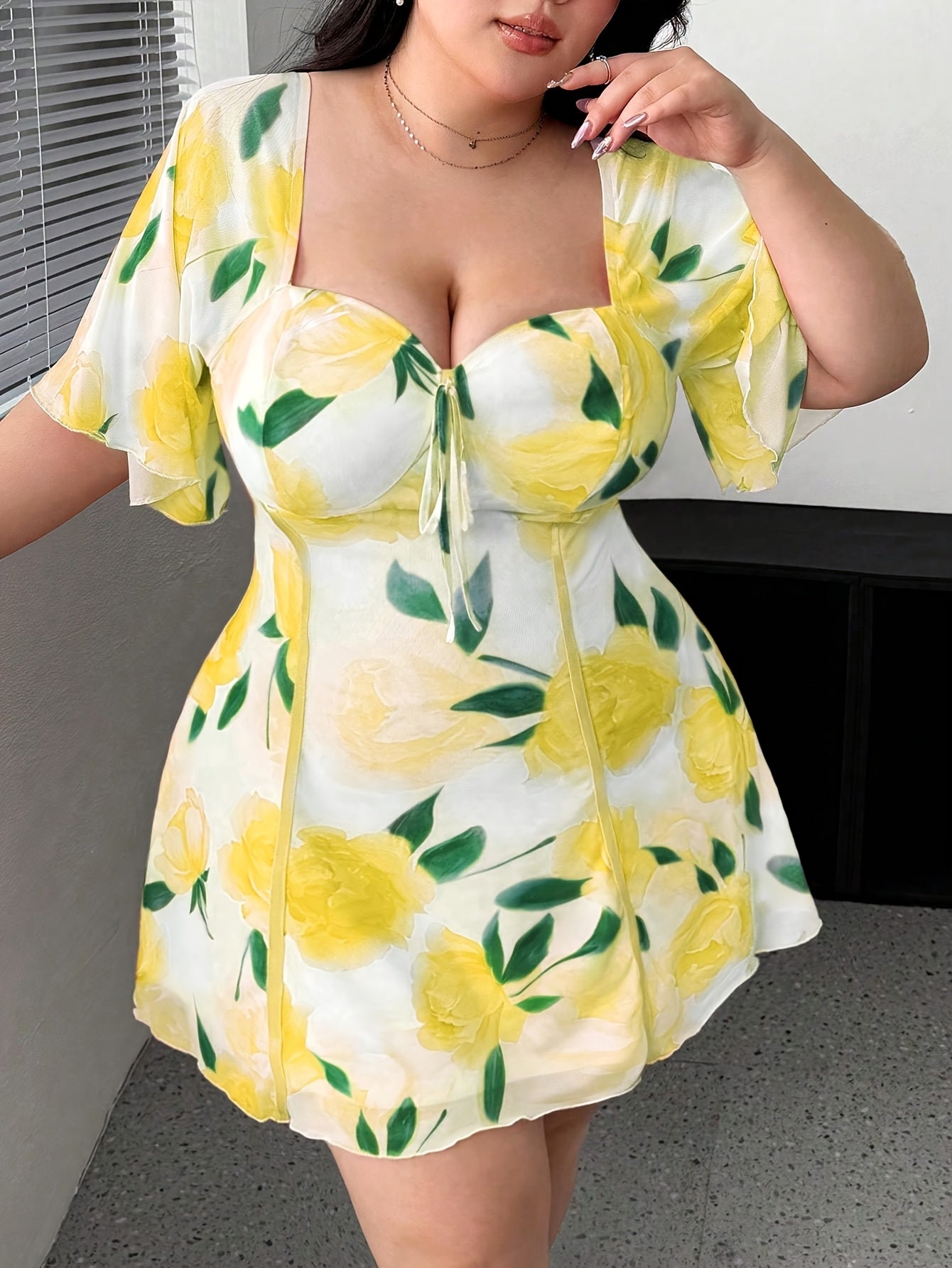 Plus Size Women's Elegant Floral Print Sheer Mesh Dress with Adjustable Tie Waist