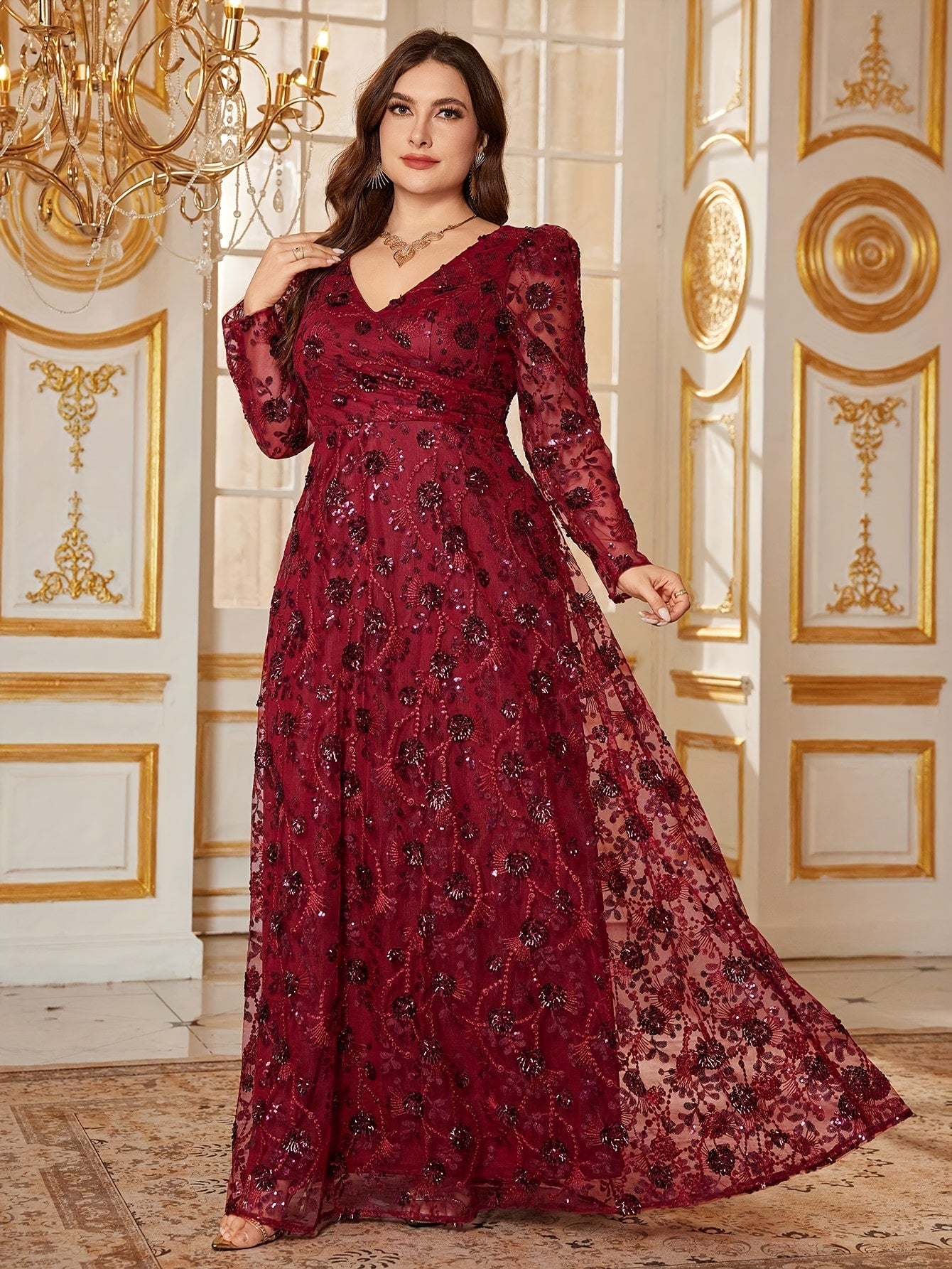 Plus Size, Elegant V-Neck Sequin Embellished Mermaid Evening Gown with Long Lampshade Sleeves