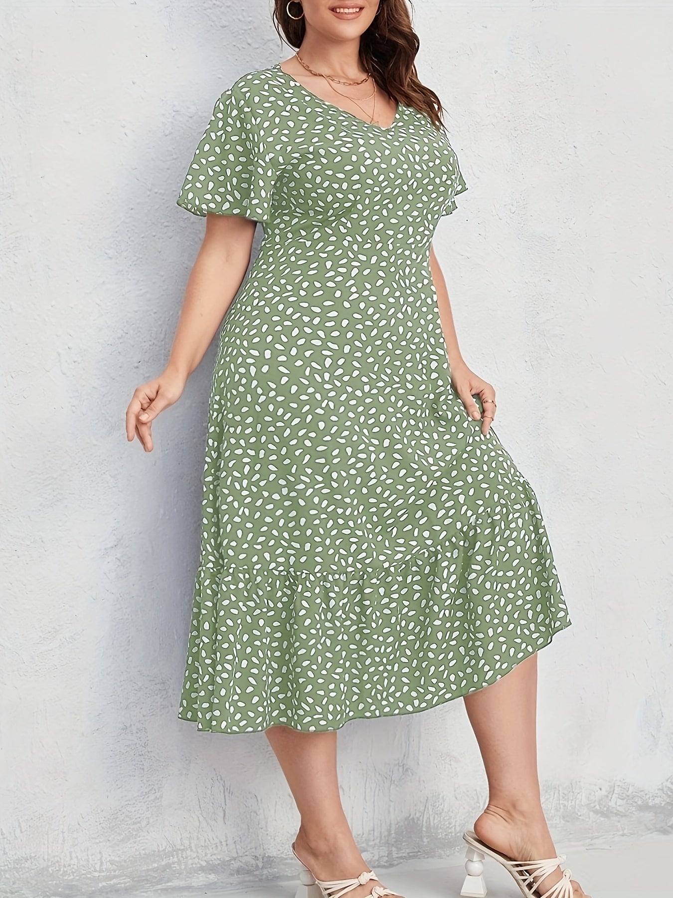 Women'S Plus Size Green Floral Print Dress - Short Sleeve