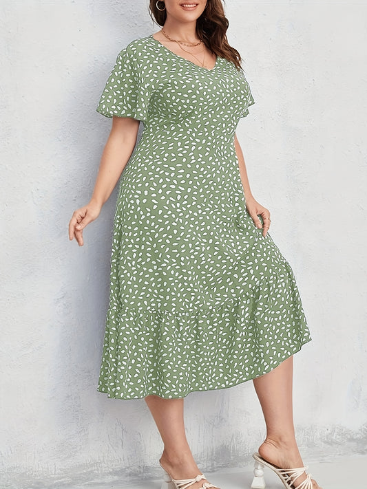 Women'S Plus Size Green Floral Print Dress - Short Sleeve