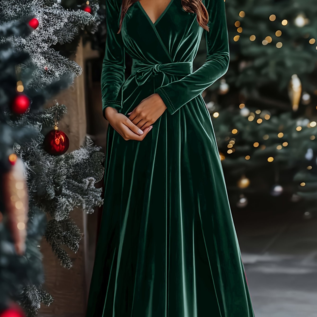 Women's Elegant Long Vintage V-Neck Dress with Belted Bow Christmas Day and all Party