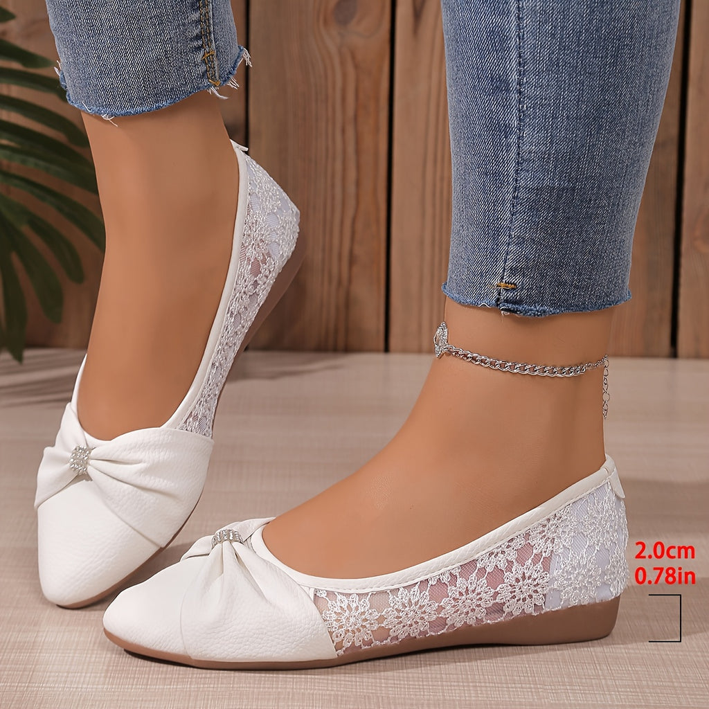 [White Rhinestone Flats] Comfortable White Pointed Toe Flats | Women's Rhinestone Bow Slip-On Shoes with Lace-Trimmed Fabric Upper &