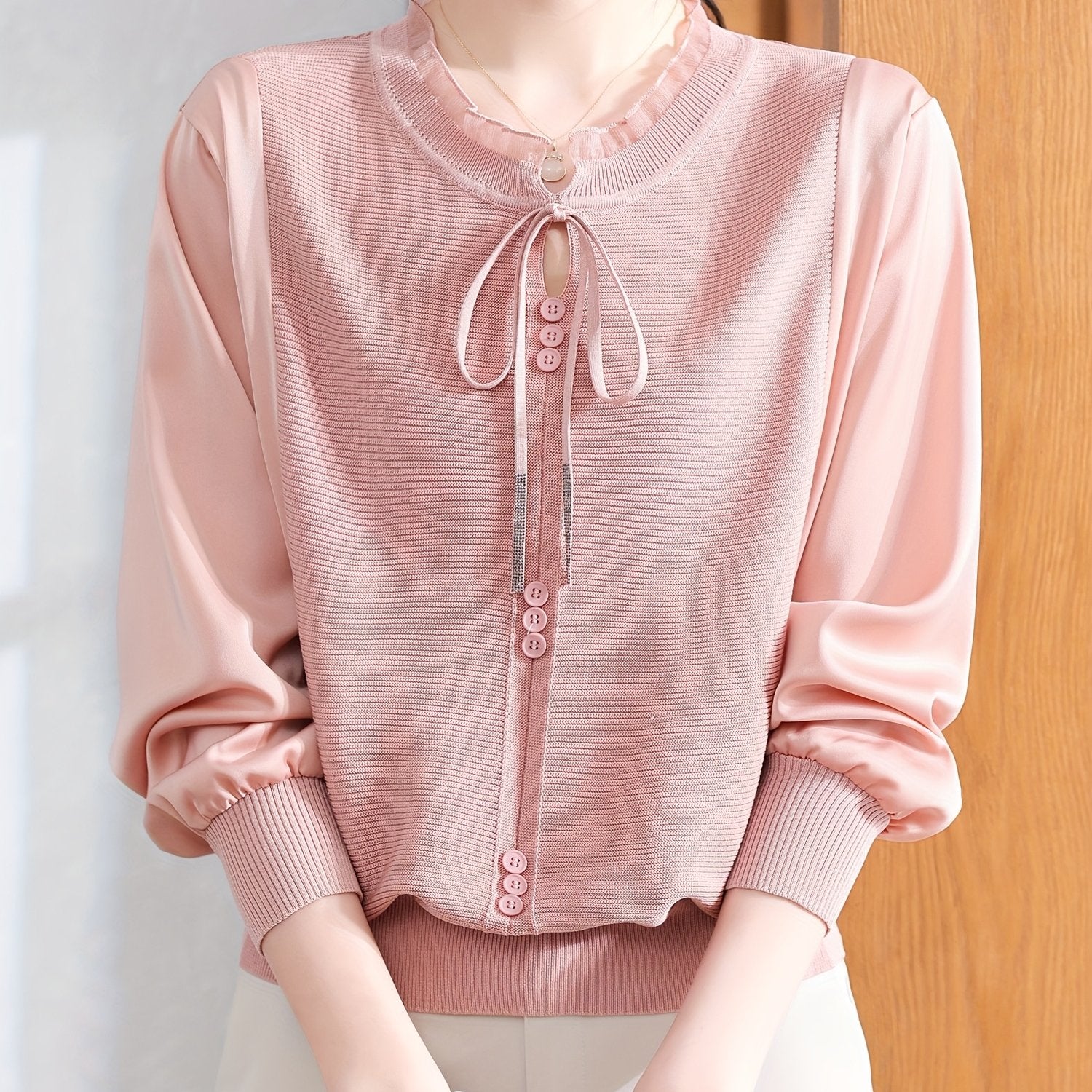 Women's Long-Sleeve Blouse - Age-Defying Tunic Top, Beige-Friendly & Breathable