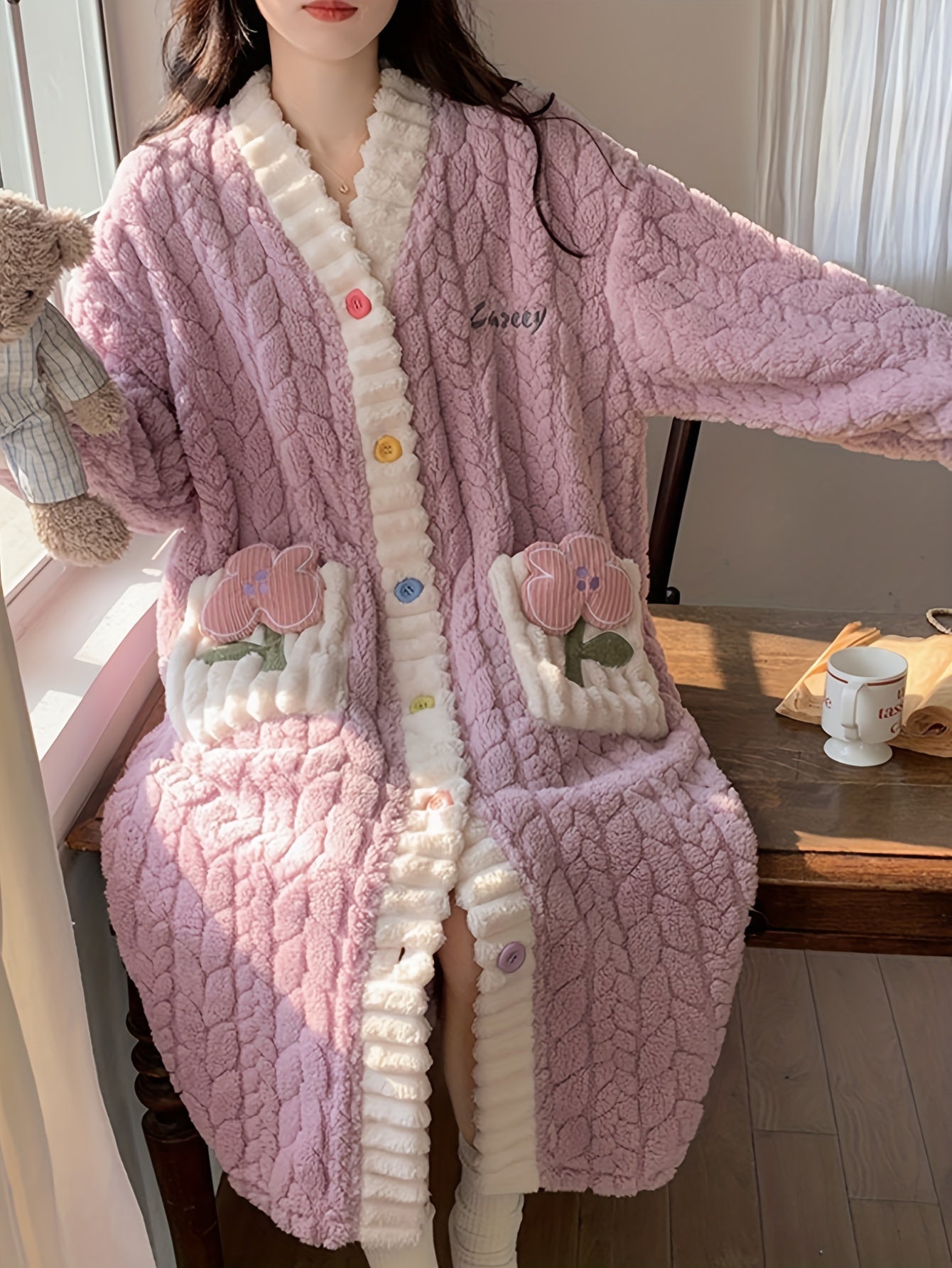 Cozy Coral Fleece V-Neck Long Sleeve Night Dress with Pockets - Plus Size Sleepwear