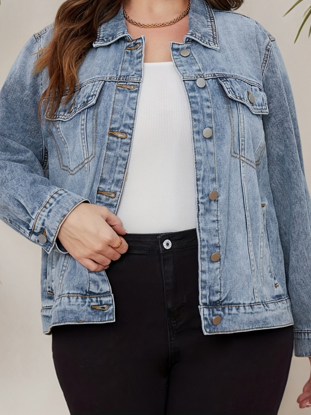 Plus Drop Shoulder Denim Jacket for Women