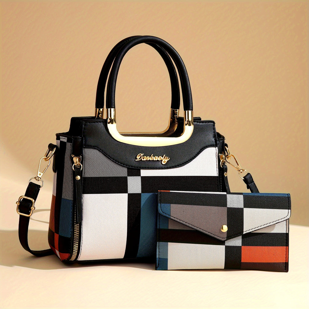Elegant Plaid Tote and Crossbody Bag Set