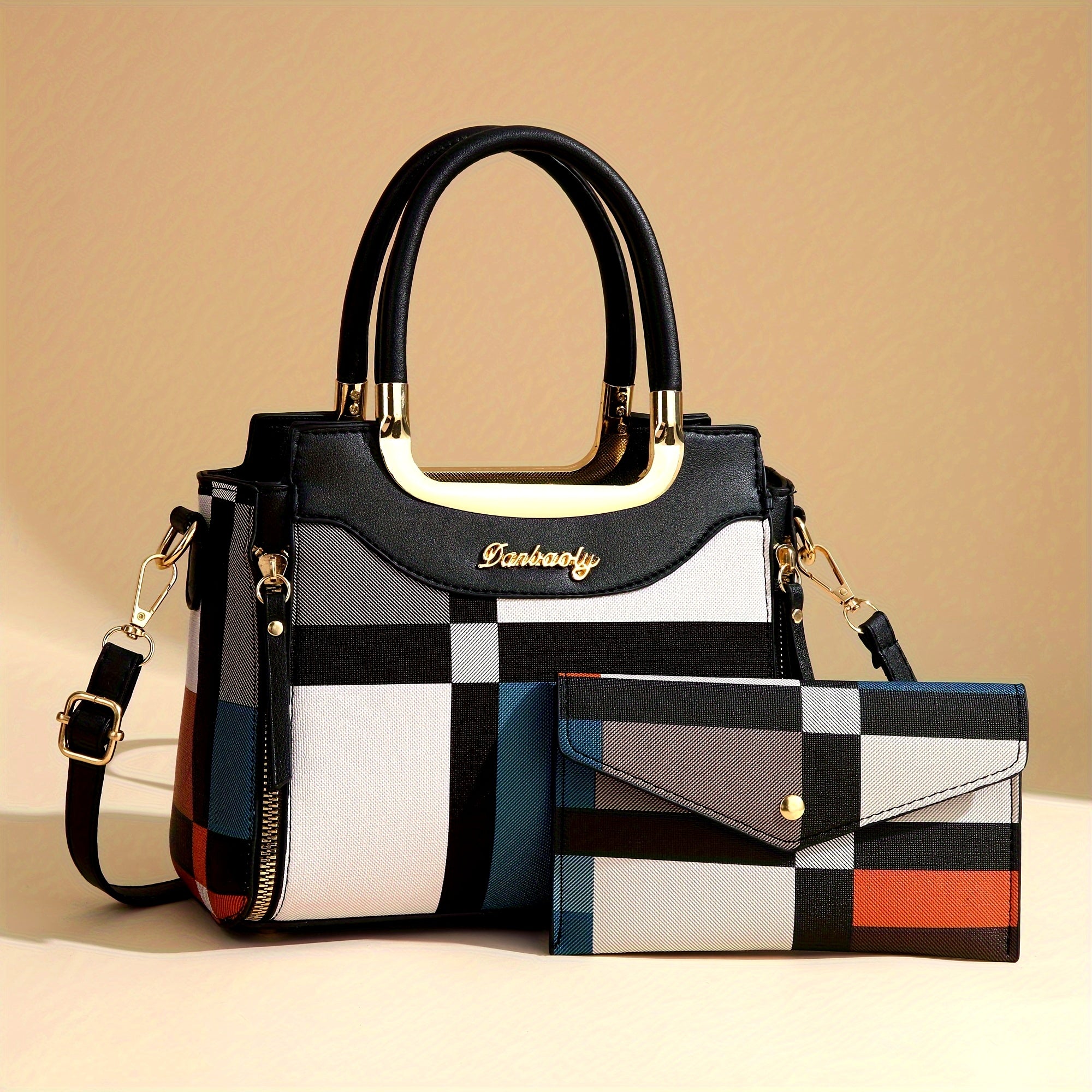 Elegant Plaid Tote and Crossbody Bag Set