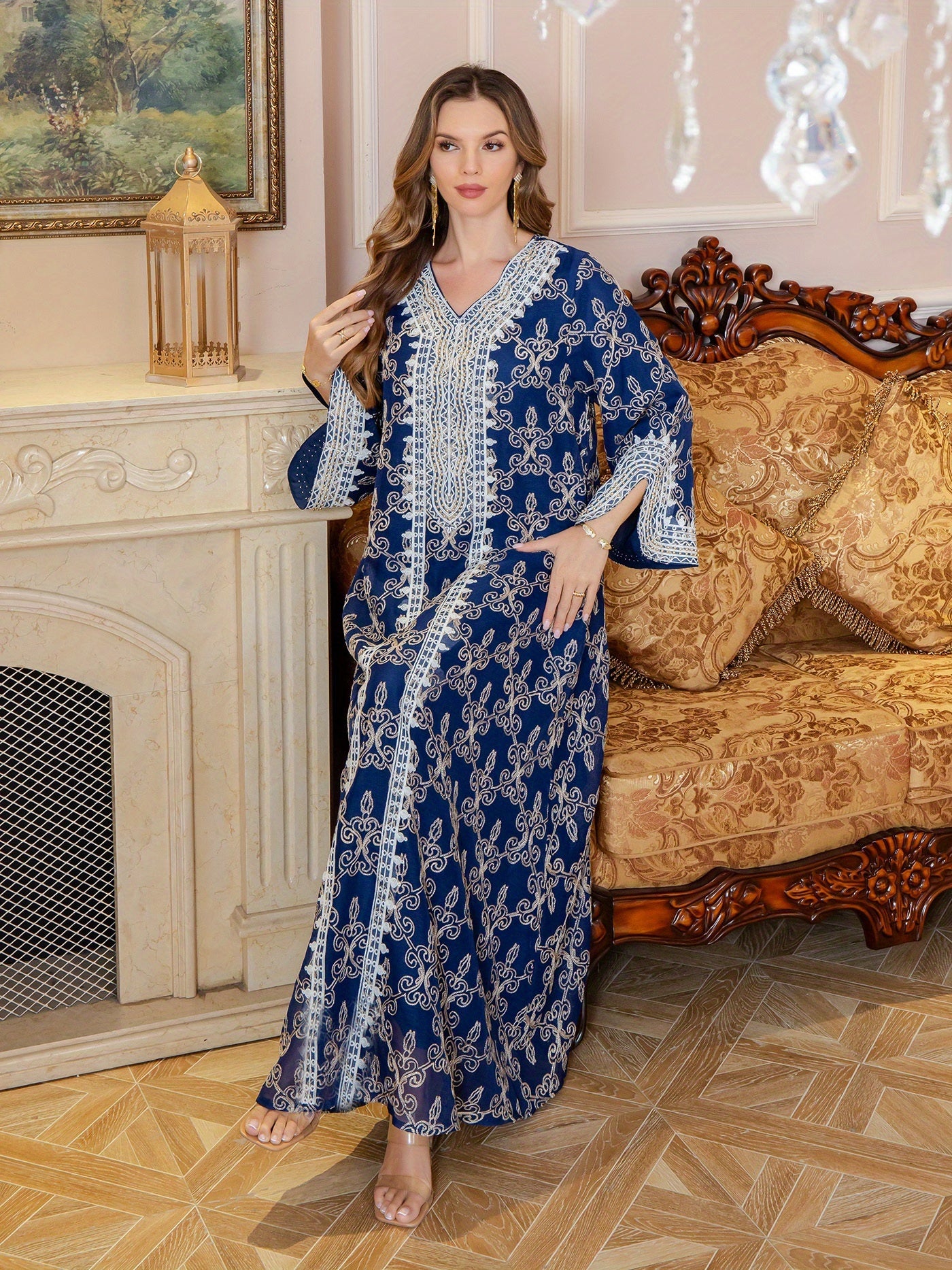 Middle Eastern Embroidered Abaya Long Robe, Light Luxury Evening Gown Two-Piece Dress for Women