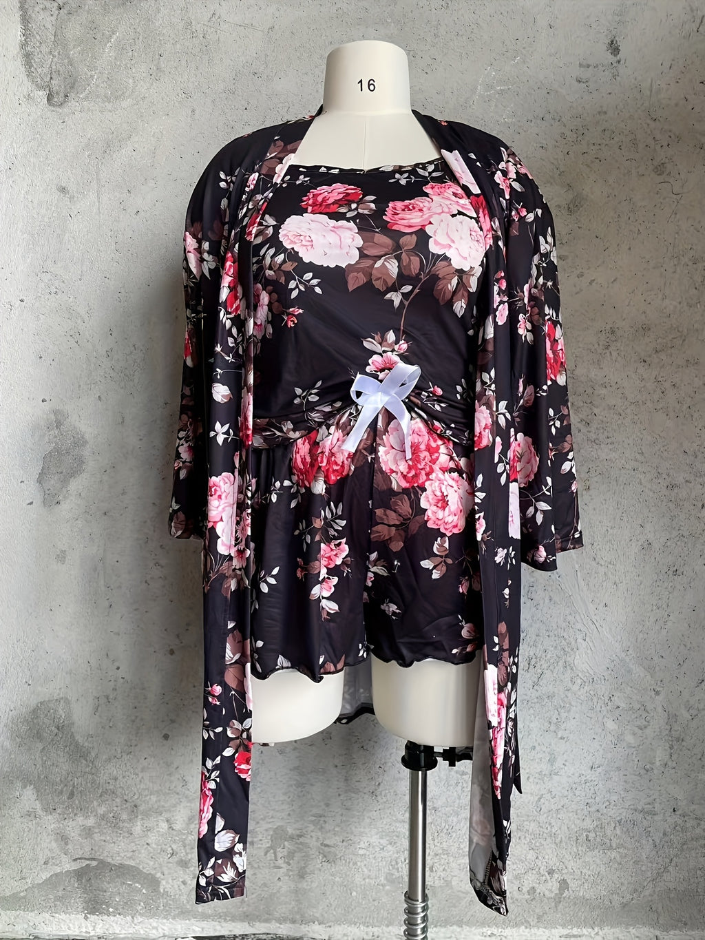 Plus Size Floral Print Sexy Lace Trim Camisole Nightgown with a Matching Tie Robe, a Two-Piece Sleepwear Set.
