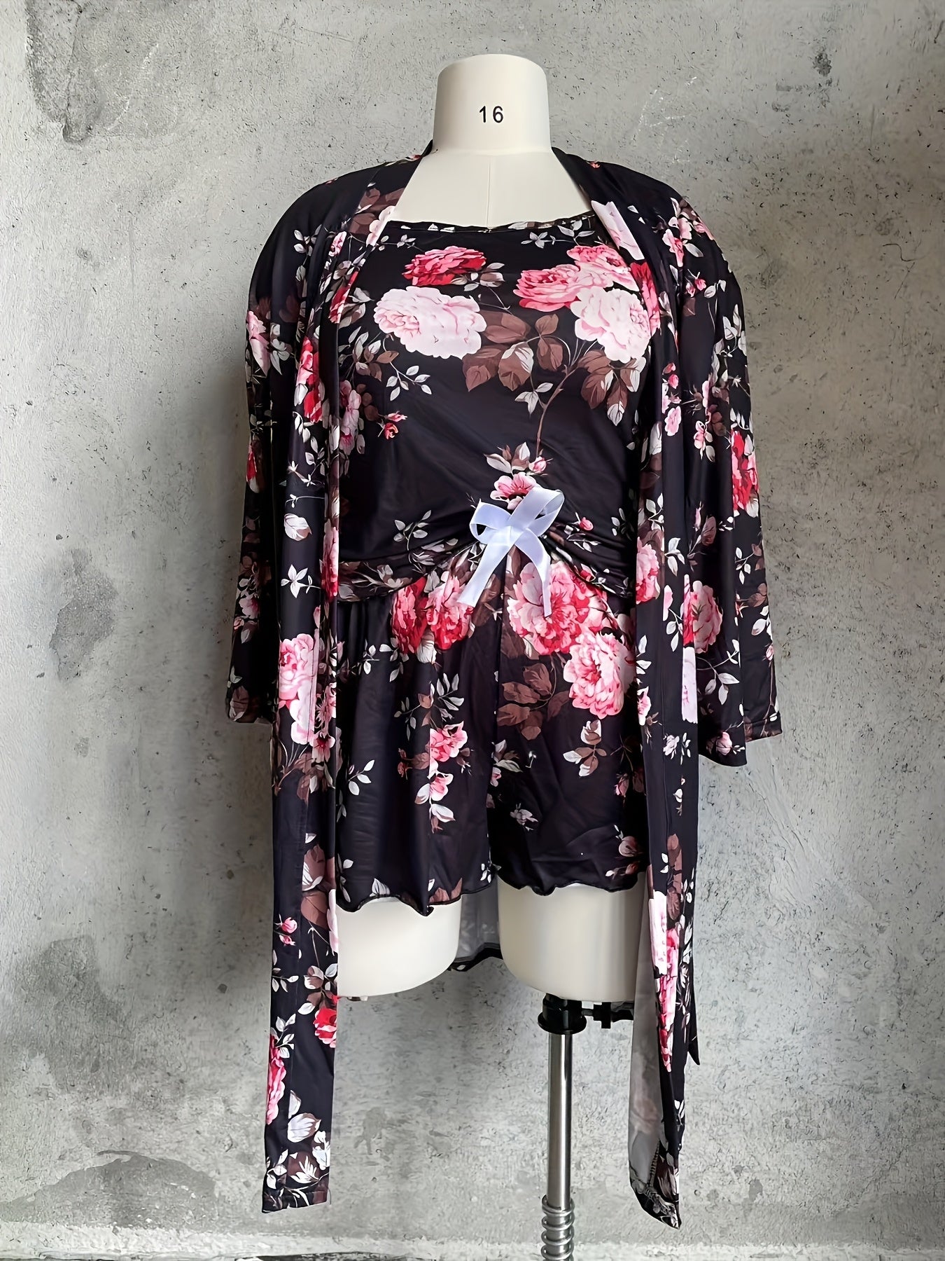 Plus Size Floral Print Sexy Lace Trim Camisole Nightgown with a Matching Tie Robe, a Two-Piece Sleepwear Set.